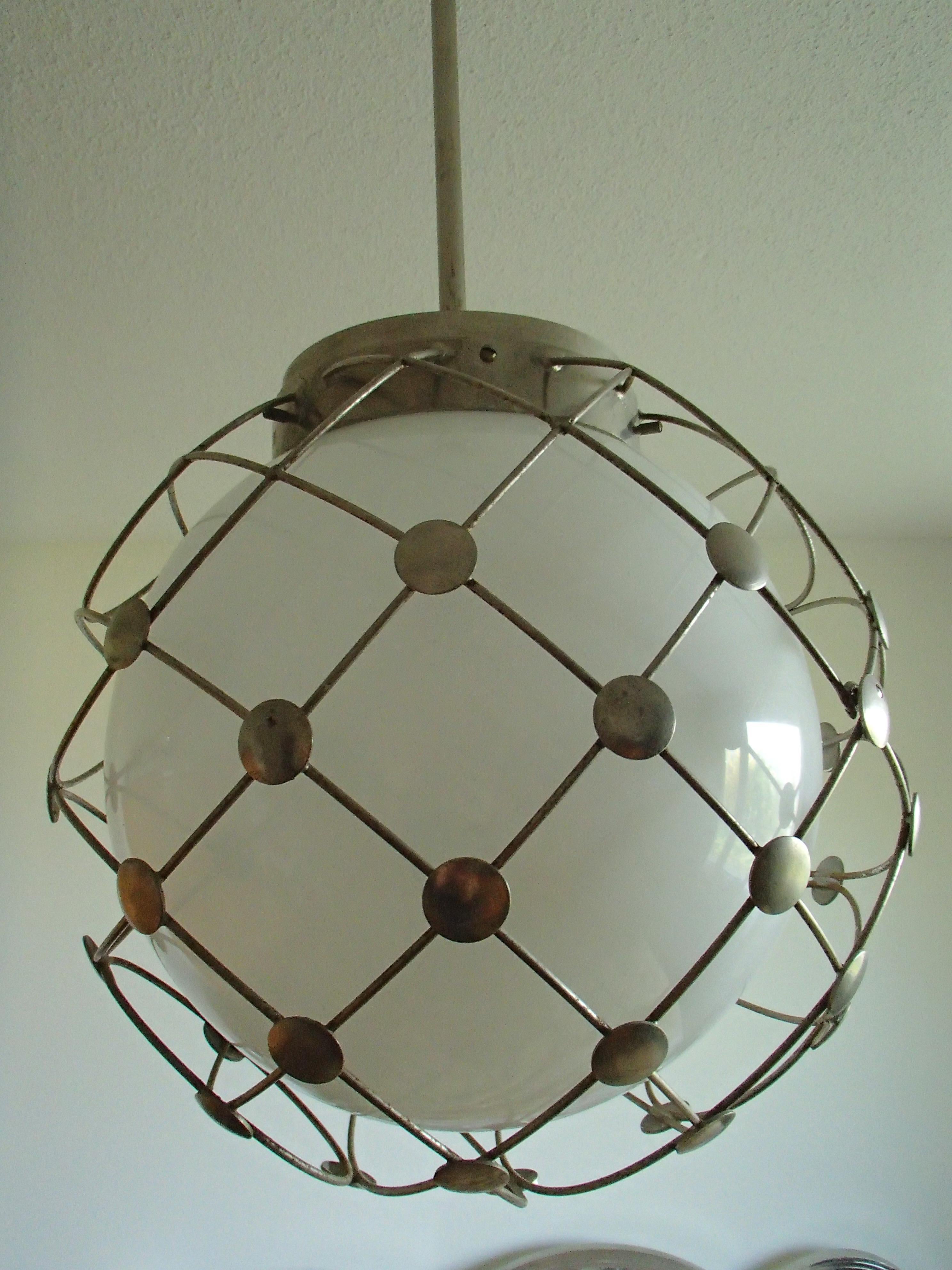 Pair of Bauhaus Chandeliers White Round Opal Glass Covered with Mesh 5