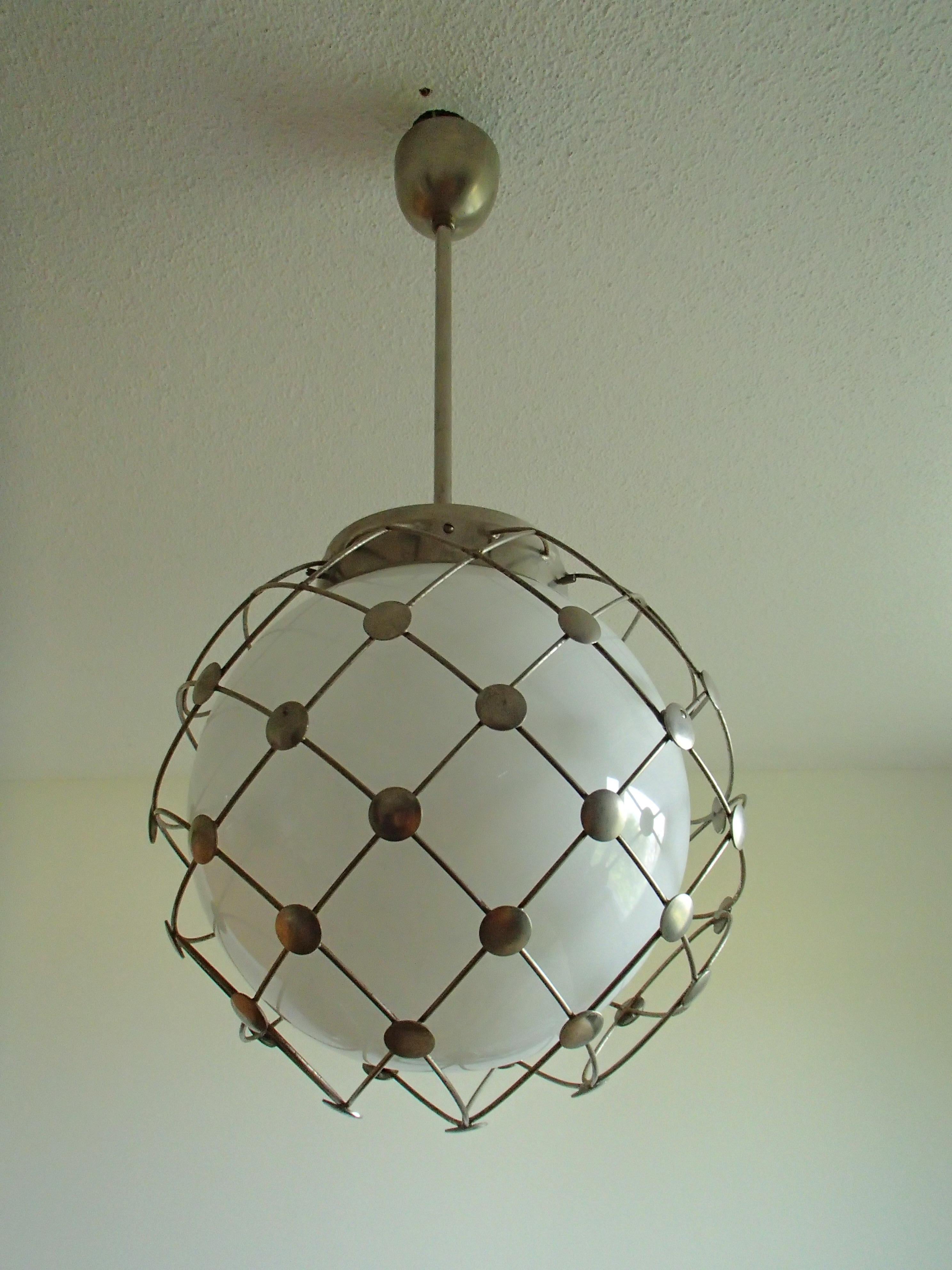 Pair of Bauhaus Chandeliers White Round Opal Glass Covered with Mesh 6