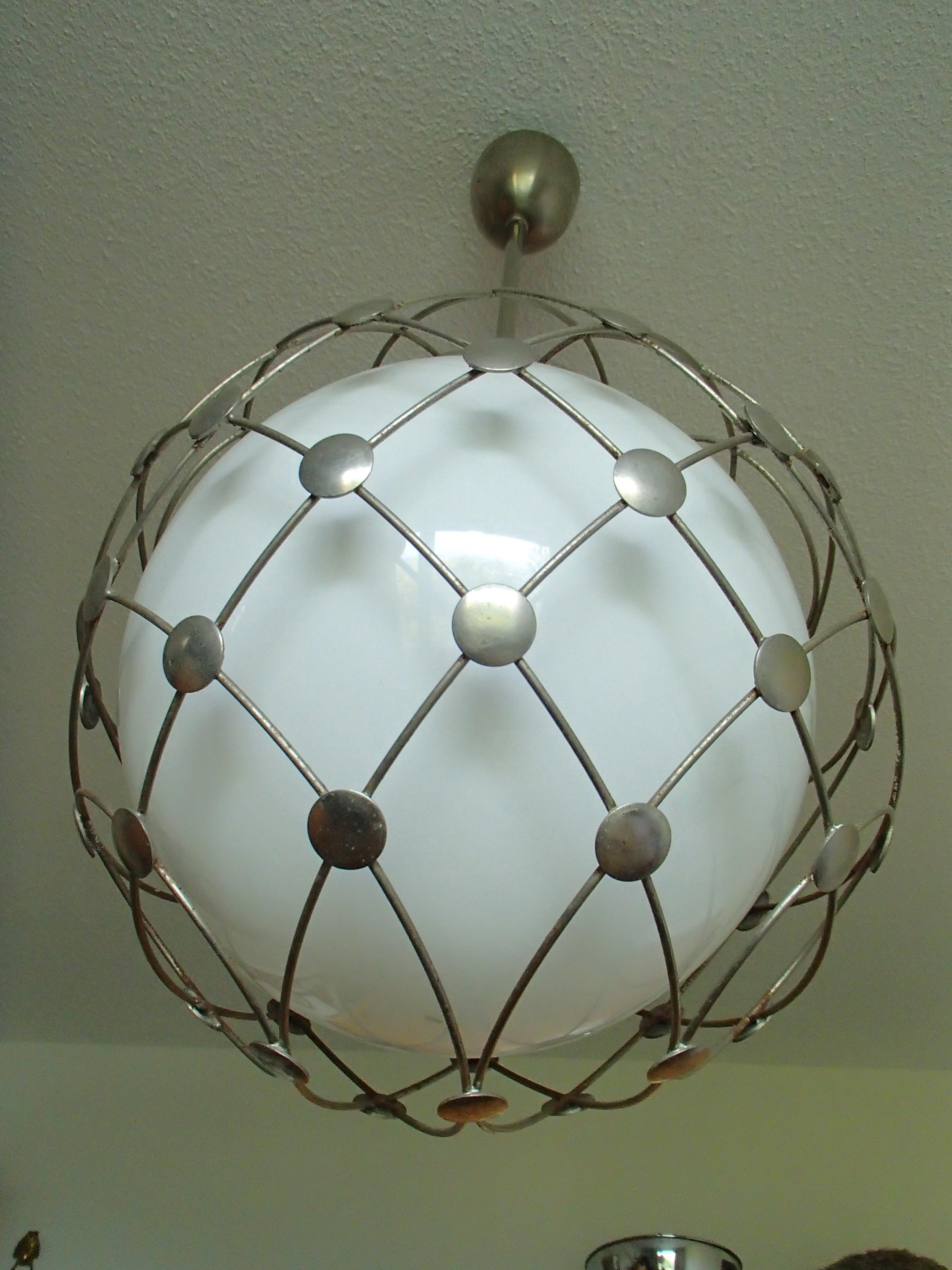 Swiss Pair of Bauhaus Chandeliers White Round Opal Glass Covered with Mesh