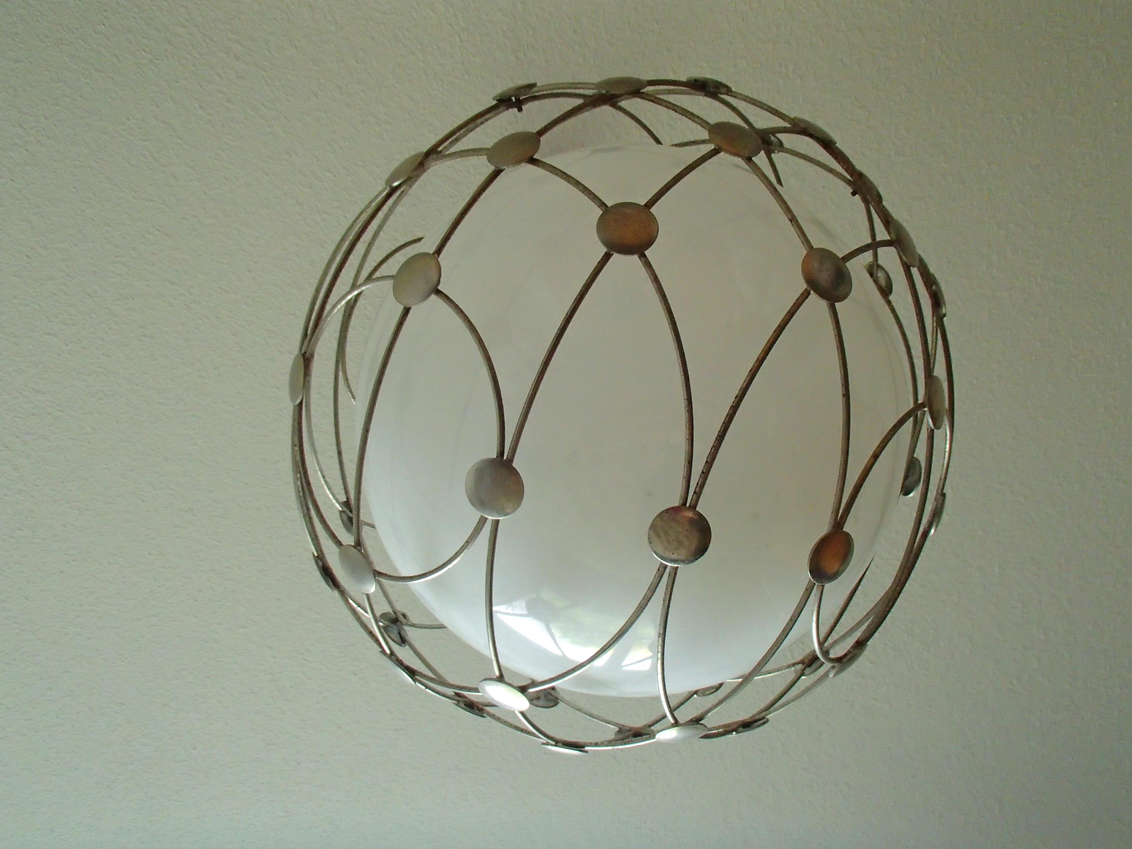 Pair of Bauhaus Chandeliers White Round Opal Glass Covered with Mesh In Good Condition In Weiningen, CH