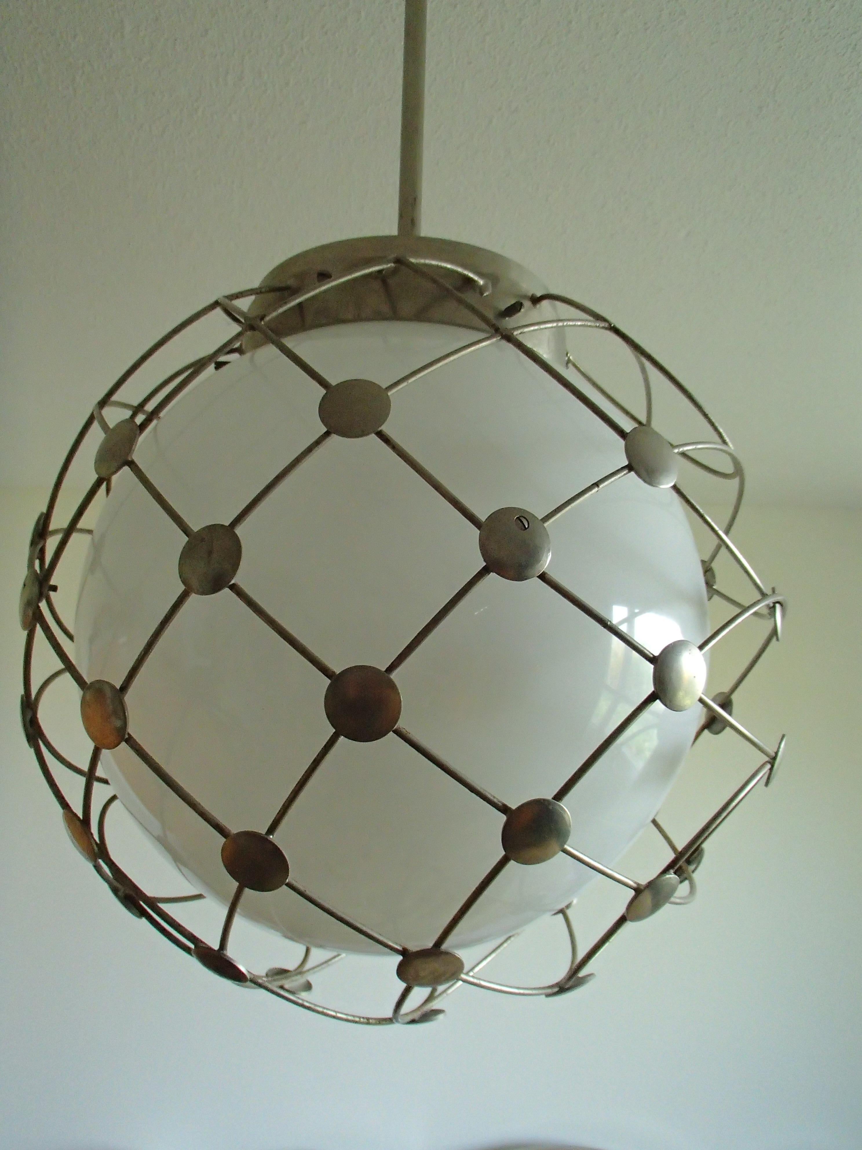 Mid-20th Century Pair of Bauhaus Chandeliers White Round Opal Glass Covered with Mesh