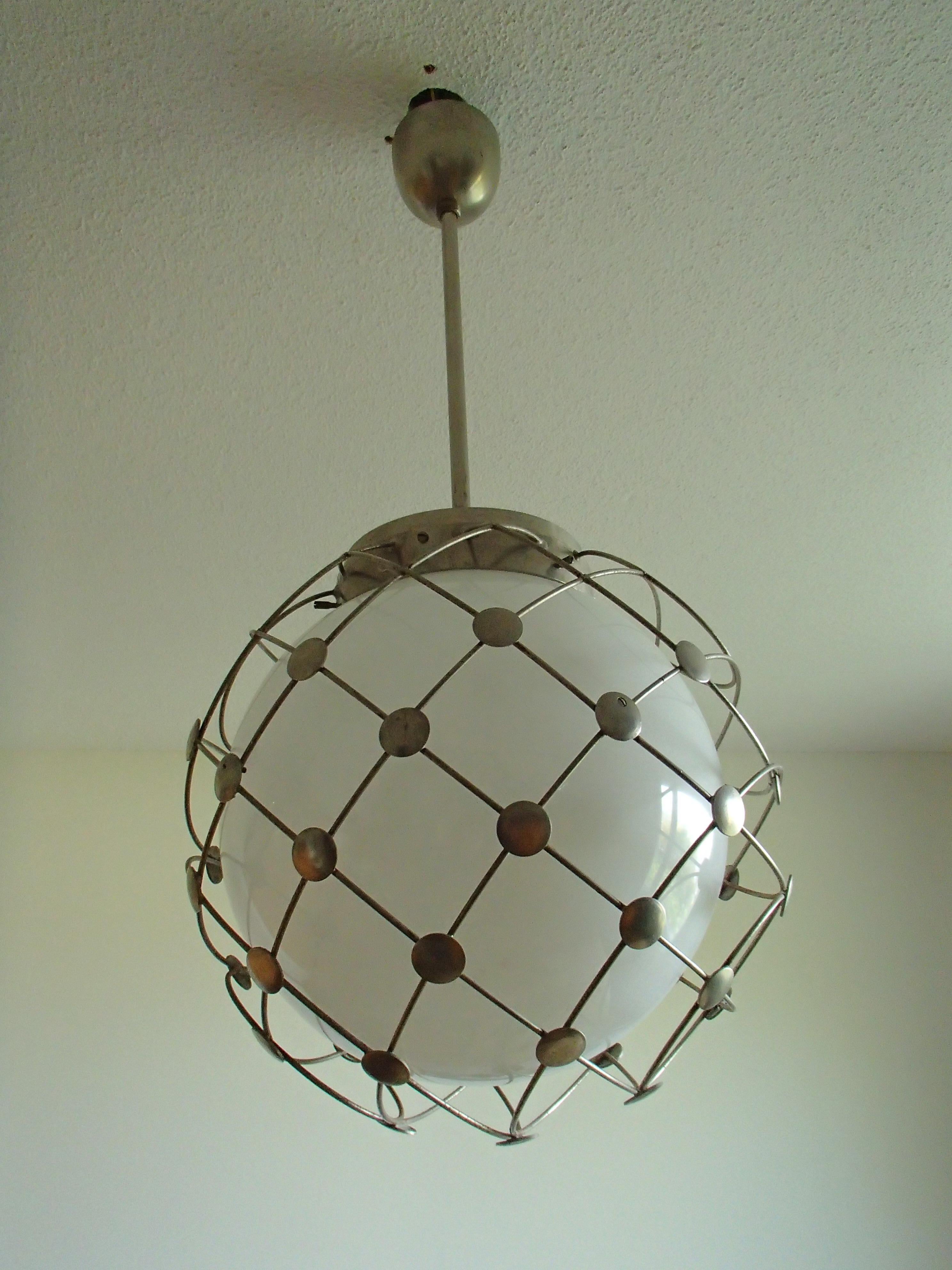 Aluminum Pair of Bauhaus Chandeliers White Round Opal Glass Covered with Mesh