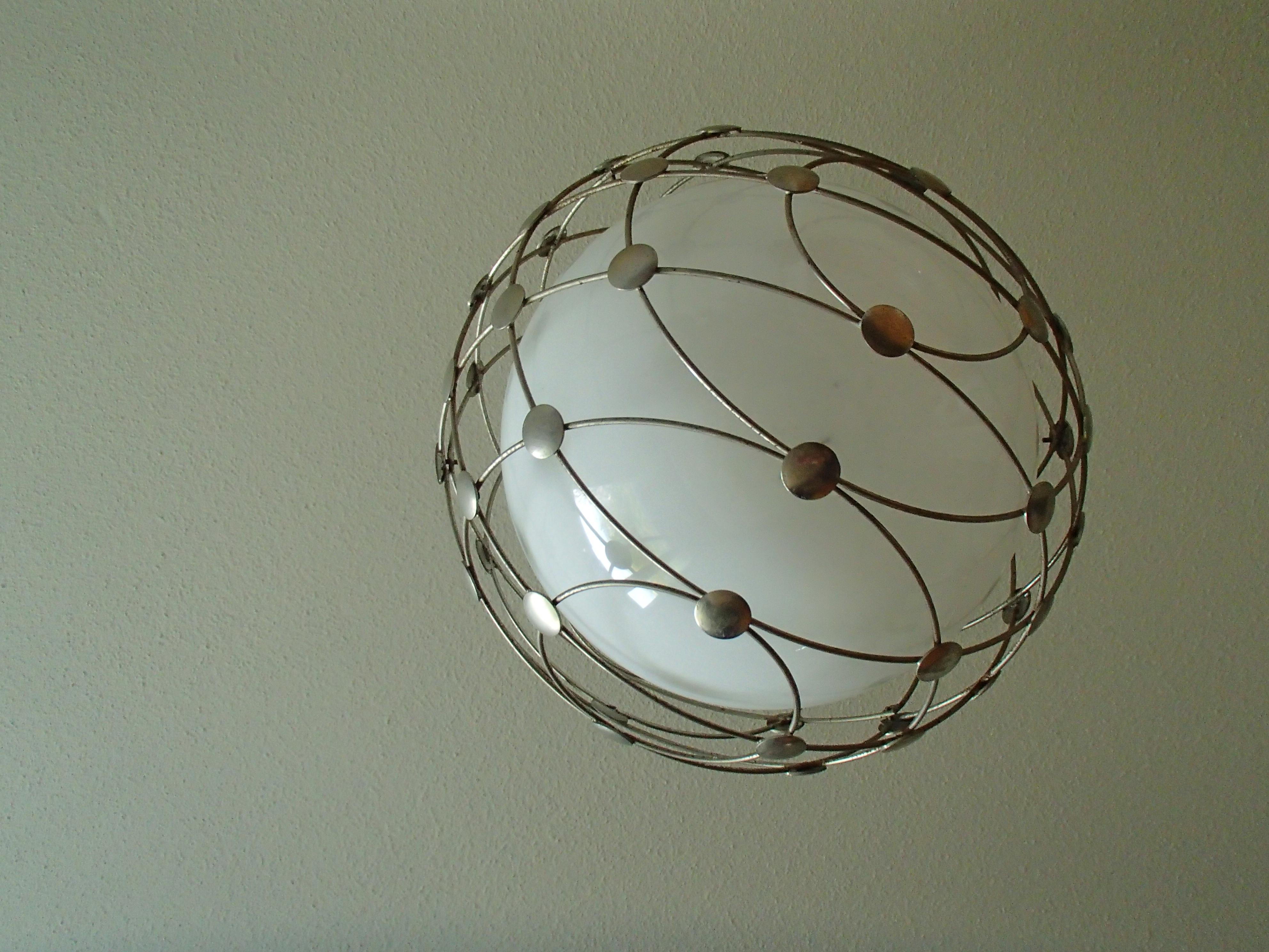 Pair of Bauhaus Chandeliers White Round Opal Glass Covered with Mesh 1