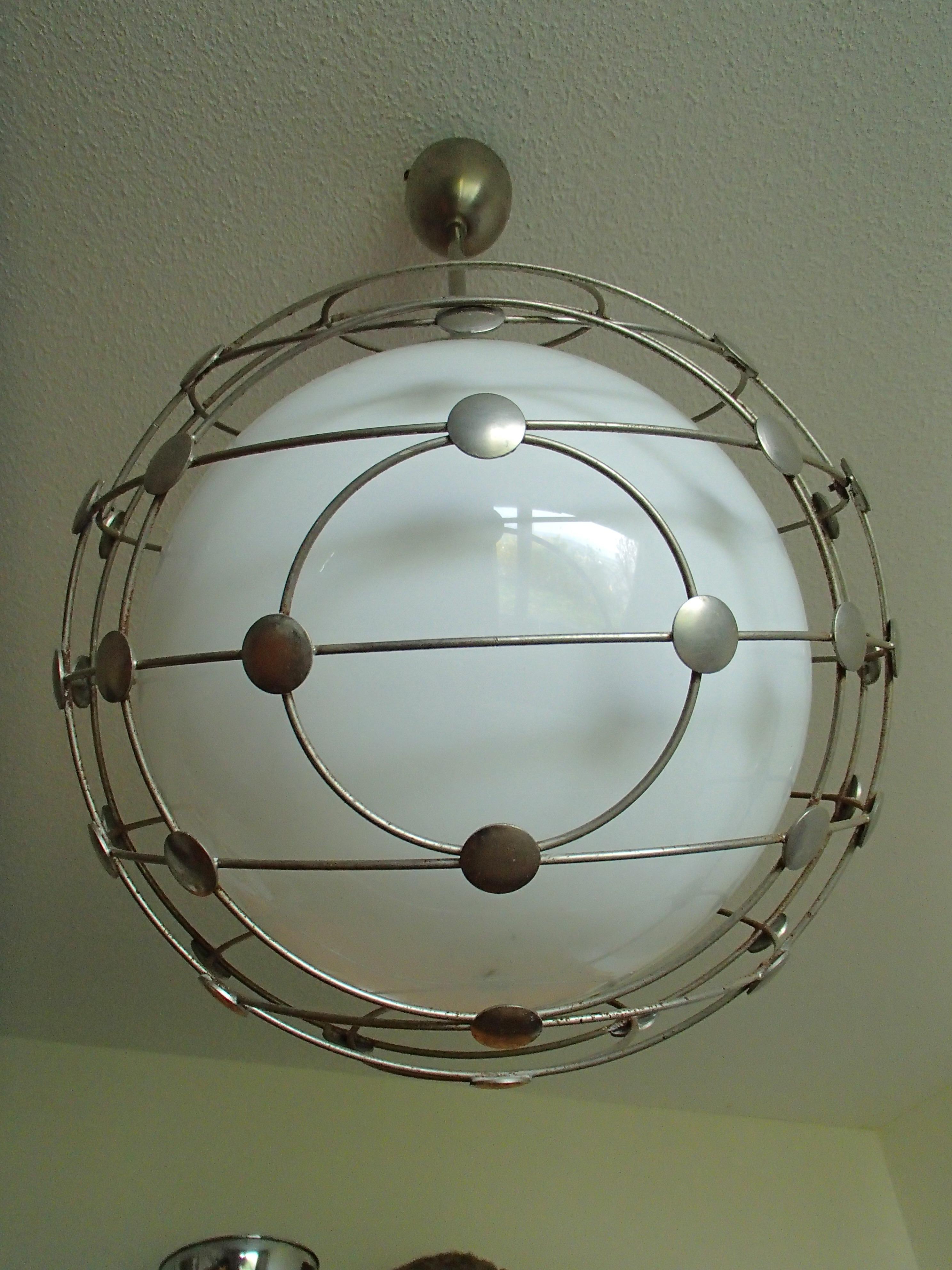 Pair of Bauhaus Chandeliers White Round Opal Glass Covered with Mesh 2