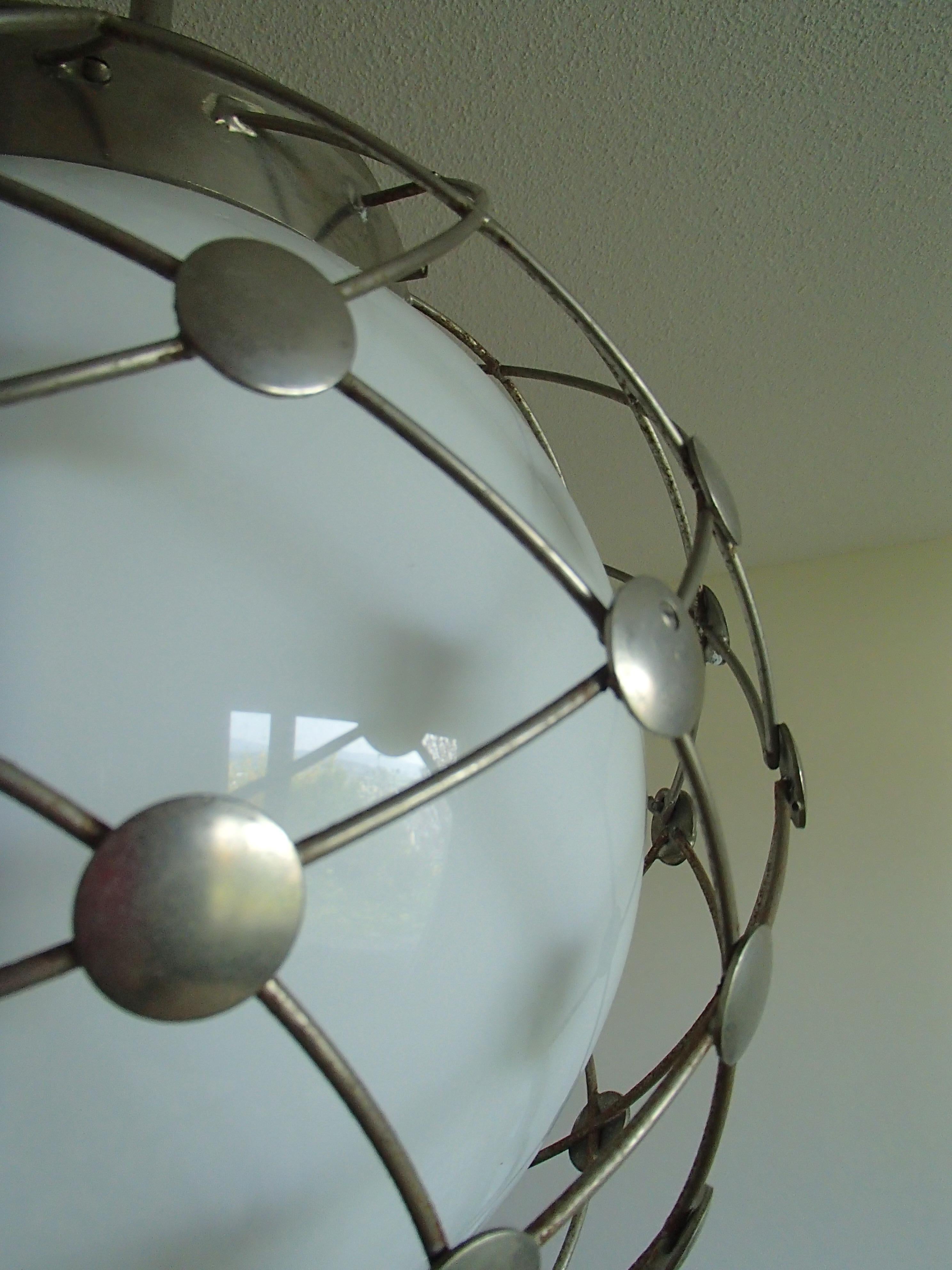 Pair of Bauhaus Chandeliers White Round Opal Glass Covered with Mesh 3