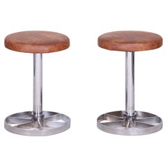 Pair of Bauhaus Chrome-Plated Steel Stools, Brown Leather, Czech, 1930-1939