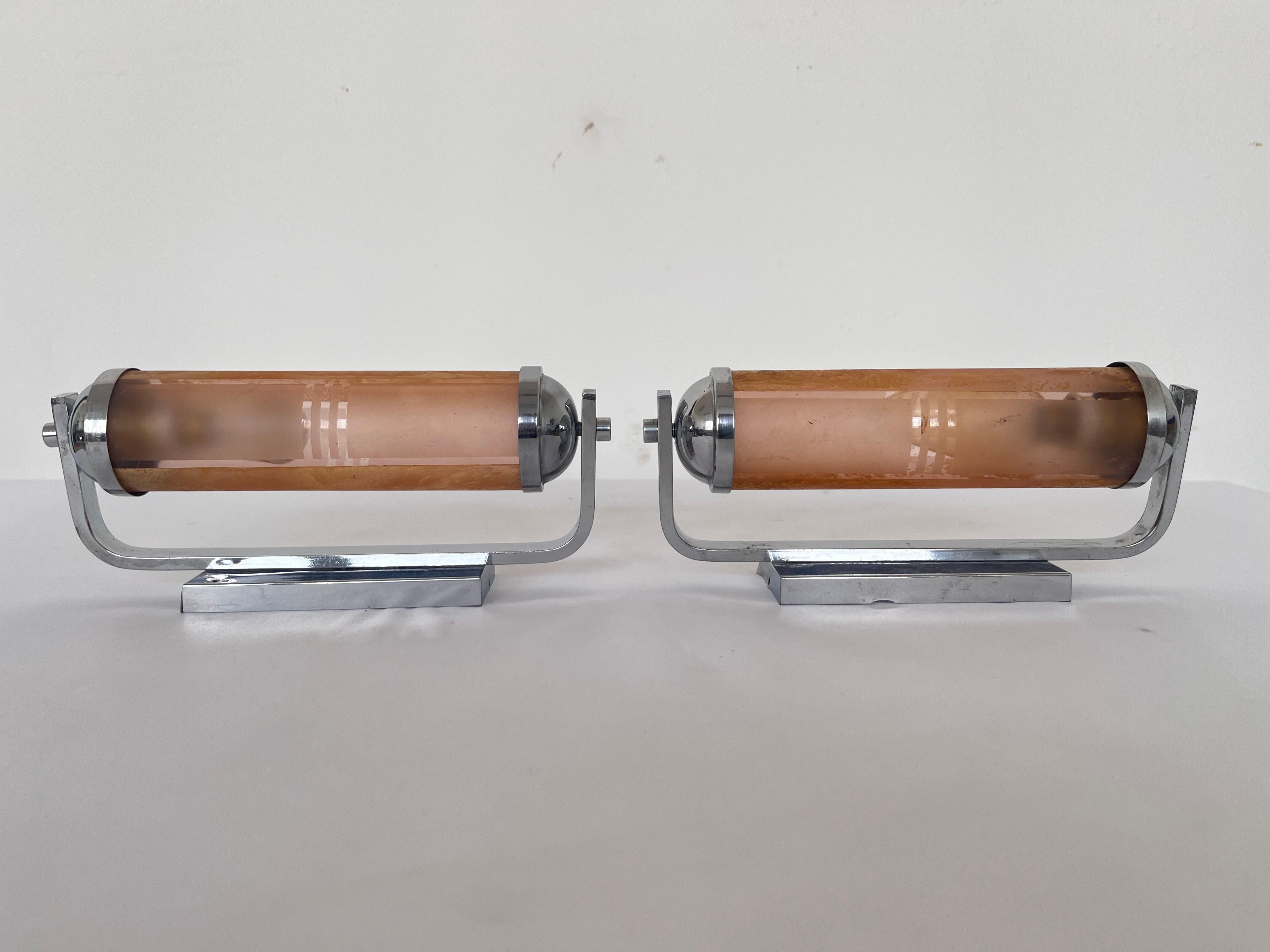 Opaline Glass Pair of Bauhaus chrome Wall Lamps, 1930s / Art deco