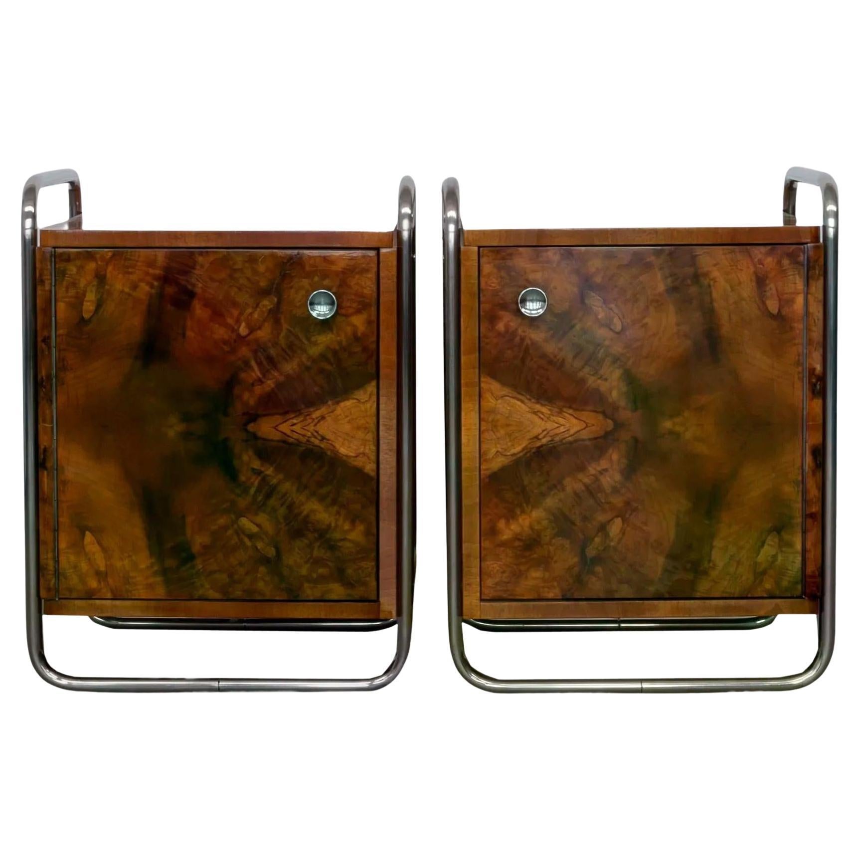 Pair of Bauhaus nightstands with walnut burl veneer, chrome plated tubular steel For Sale