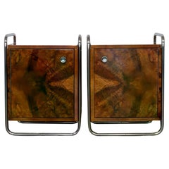 Vintage Pair of Bauhaus nightstands with walnut burl veneer, chrome plated tubular steel