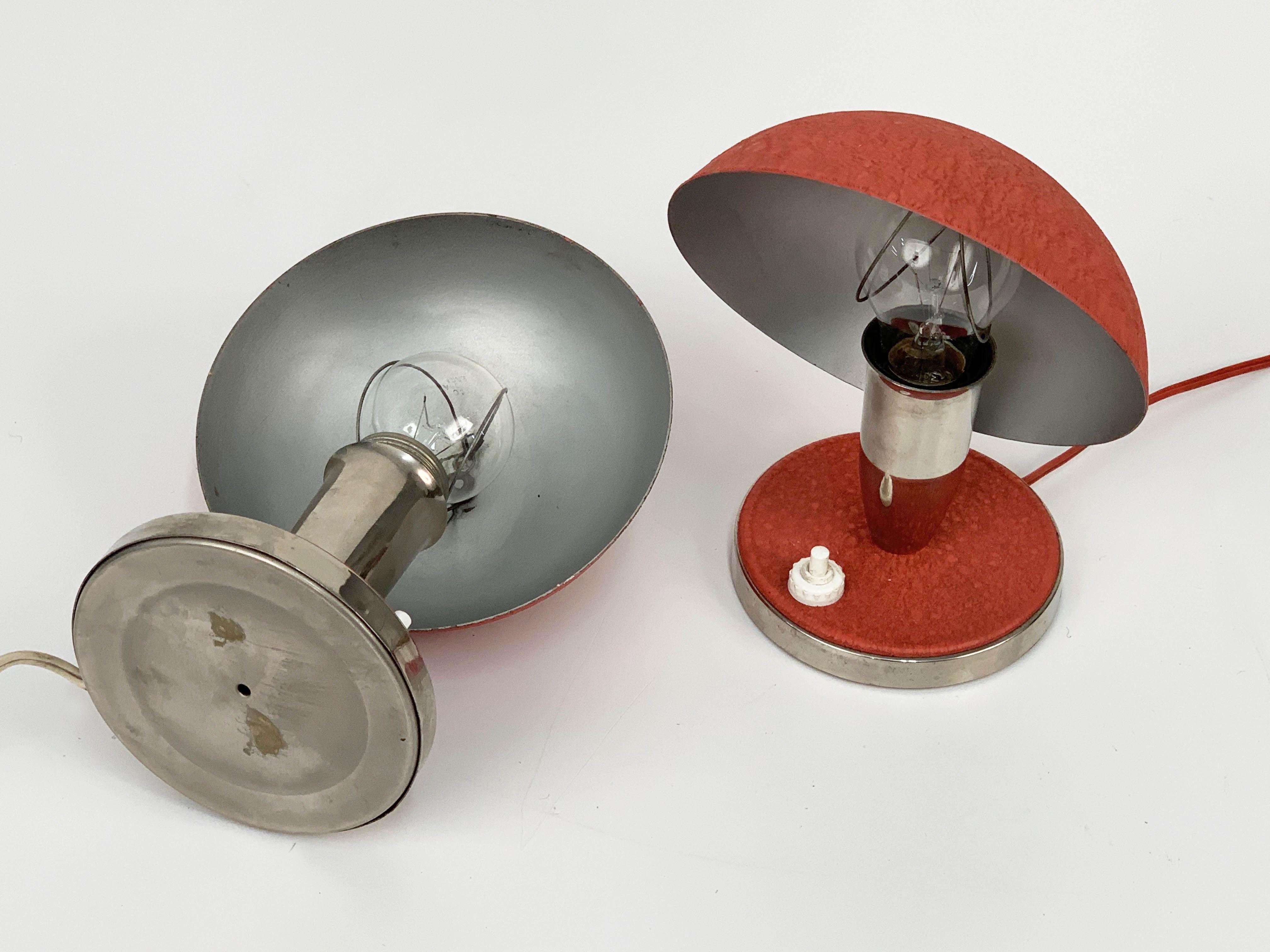 Pair of Bauhaus Red Metal and Aluminium Czech Table Lamps, 1930s For Sale 10