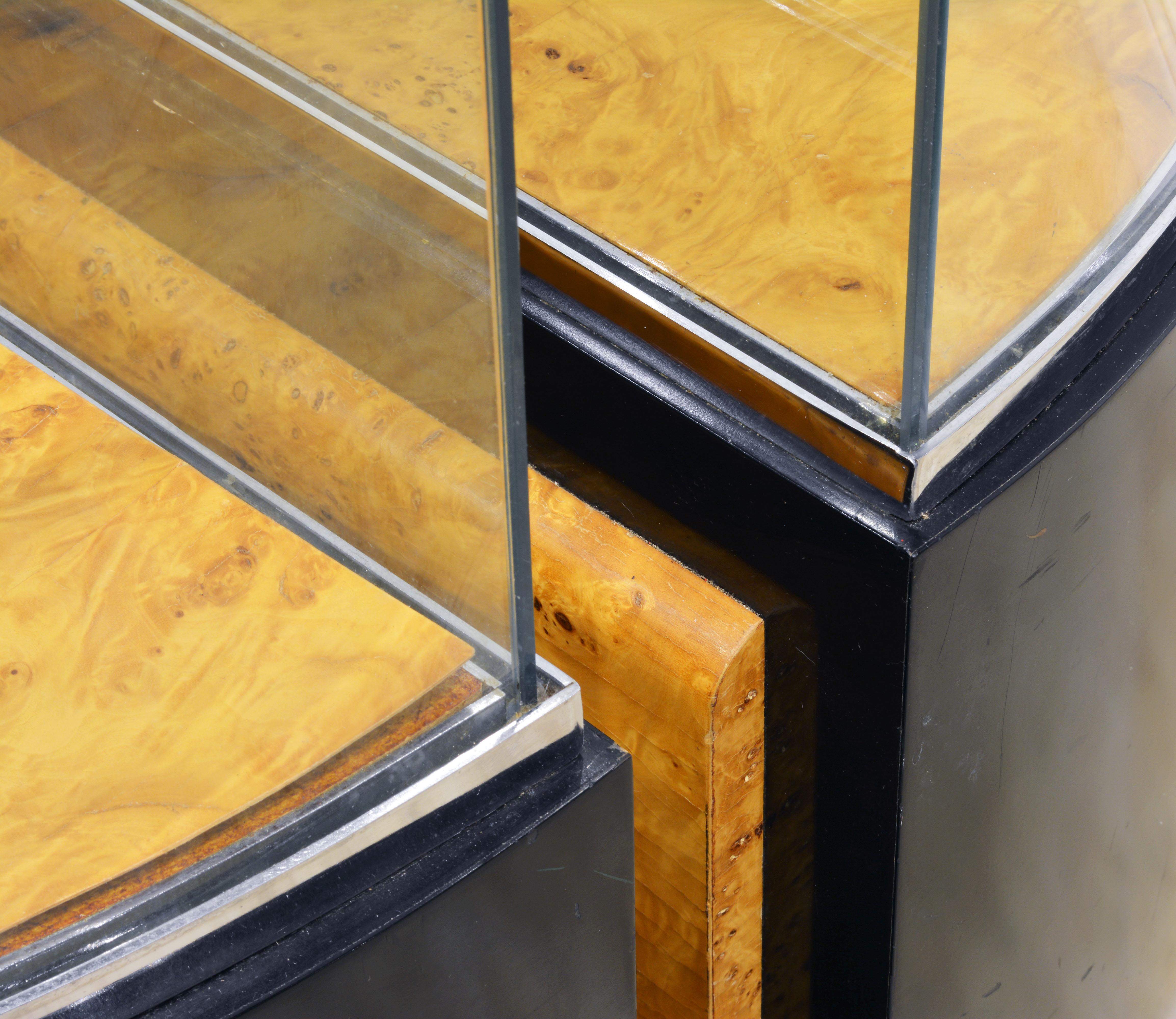 Pair of Bauhaus Style Black Lacquer, Burled Wood and Chrome Display Counters 3