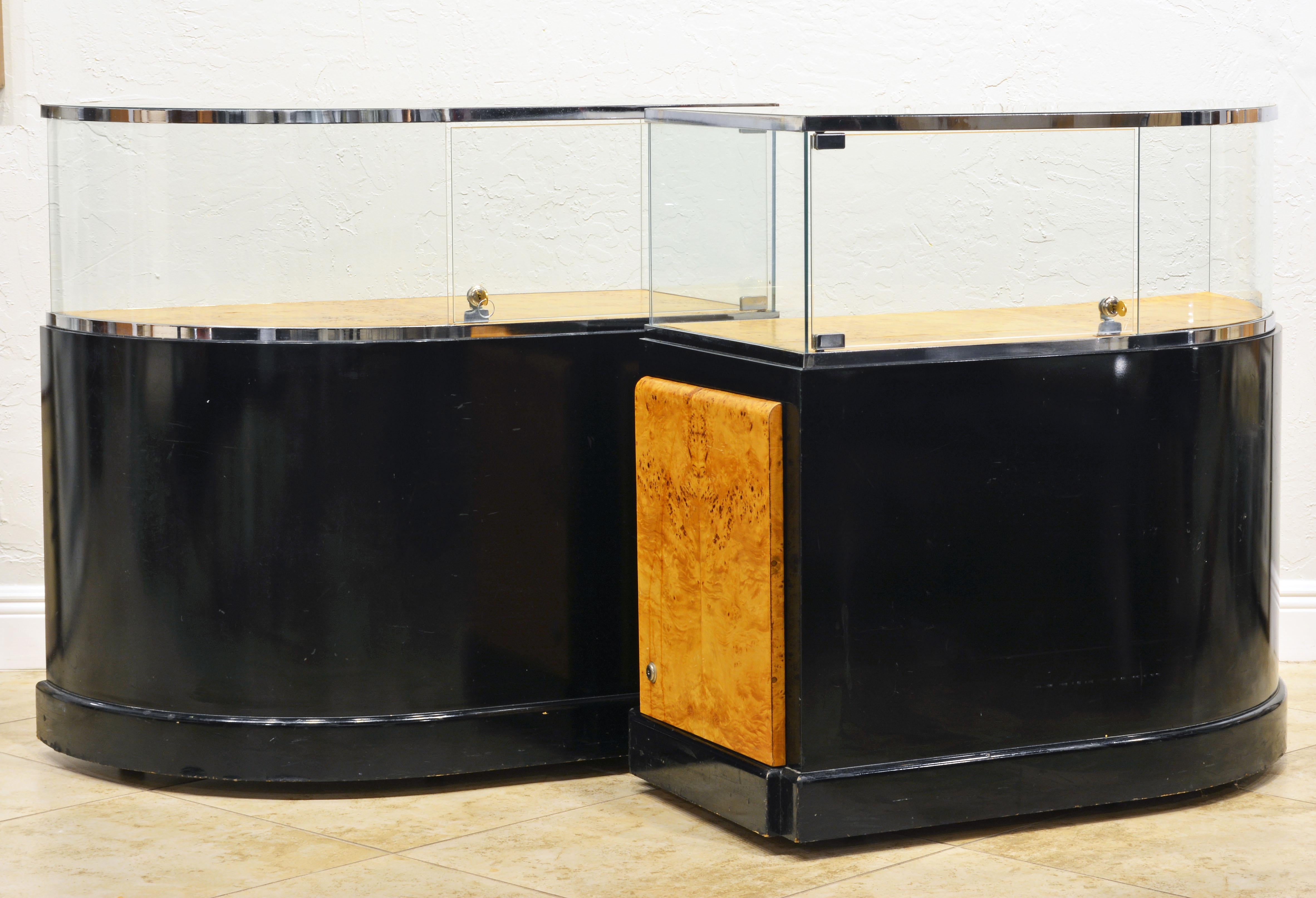 American Pair of Bauhaus Style Black Lacquer, Burled Wood and Chrome Display Counters