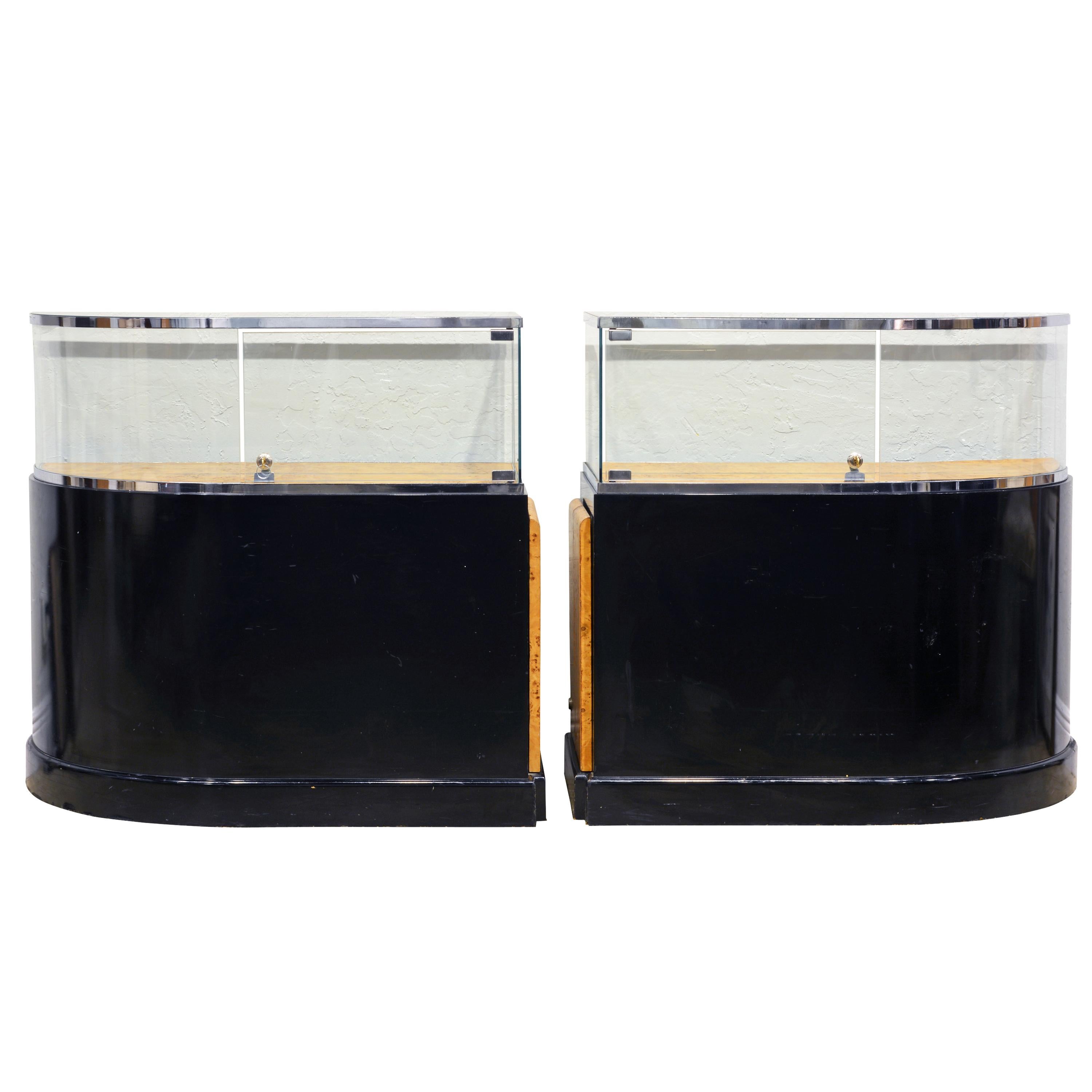 Pair of Bauhaus Style Black Lacquer, Burled Wood and Chrome Display Counters