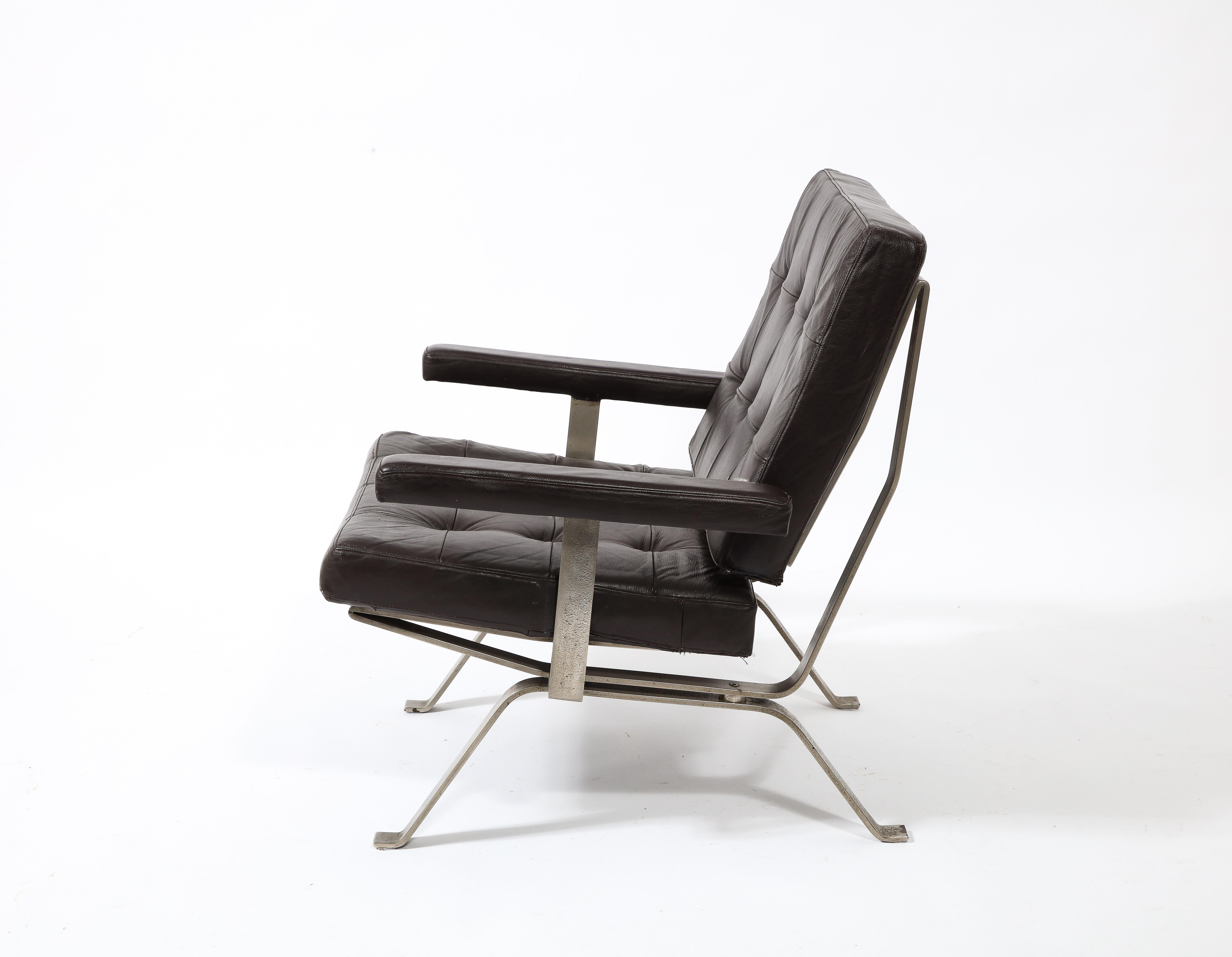 Brushed Bauhaus Style Visitor Lounge Chair in Black Leather, Germany 1960's For Sale