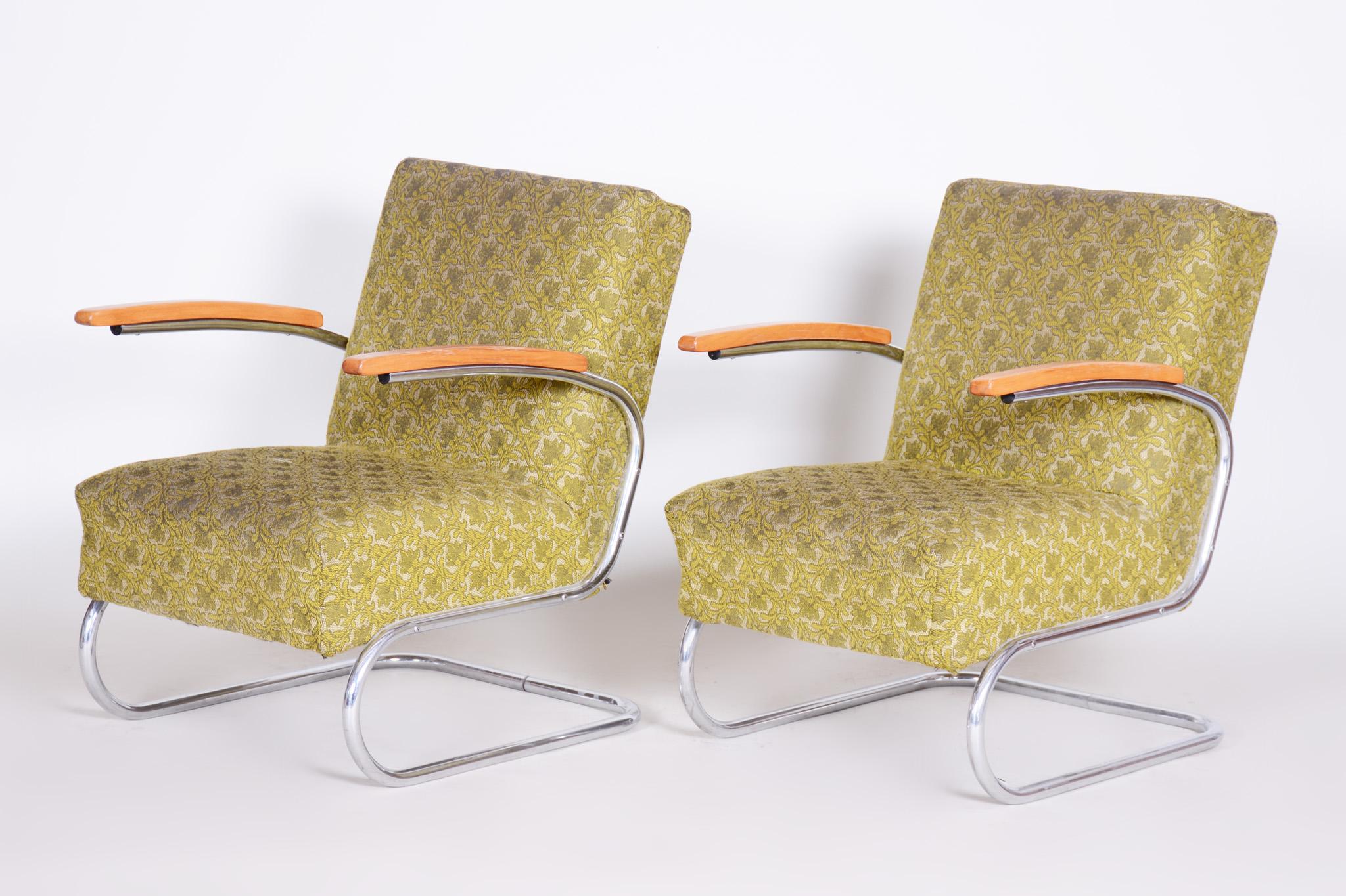 Paar Bauhaus-Sessel aus Chromrohr von Mcke Melder, Originalstoff, 1930er Jahre (Tschechisch) im Angebot