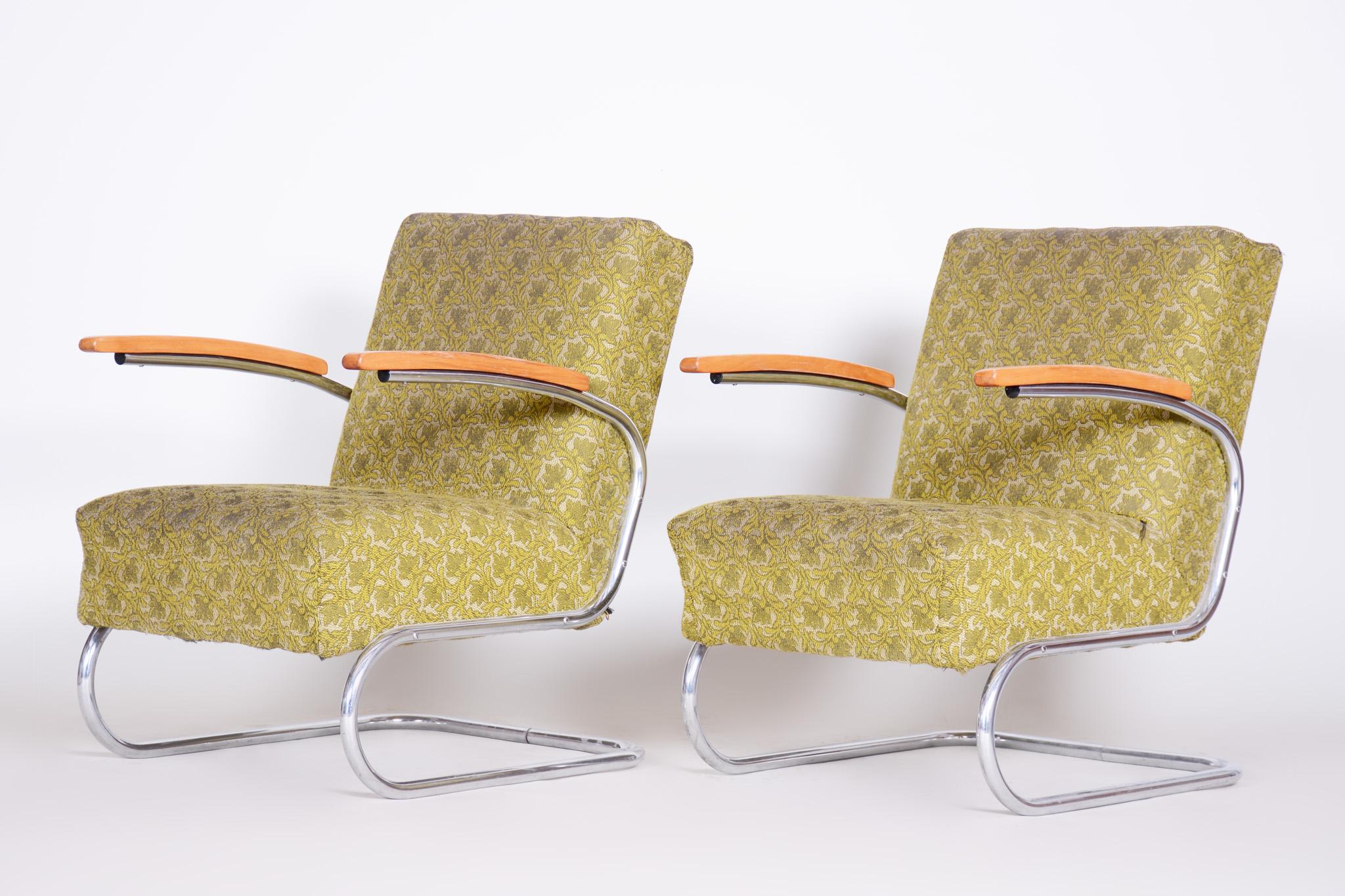 Paar Bauhaus-Sessel aus Chromrohr von Mcke Melder, Originalstoff, 1930er Jahre im Zustand „Gut“ im Angebot in Horomerice, CZ