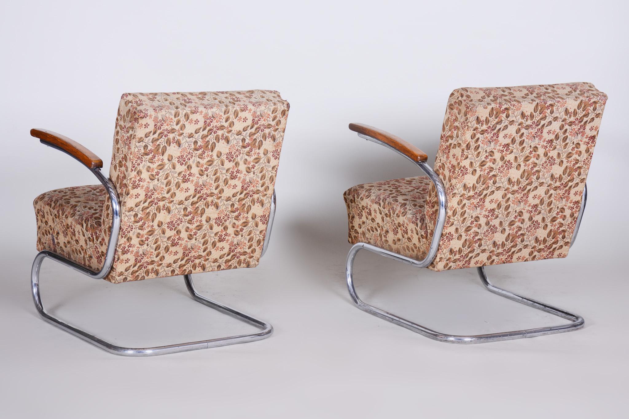 Pair of Bauhaus Tubular Chrome Armchairs by Mücke Melder, Original Fabric, 1930s 2