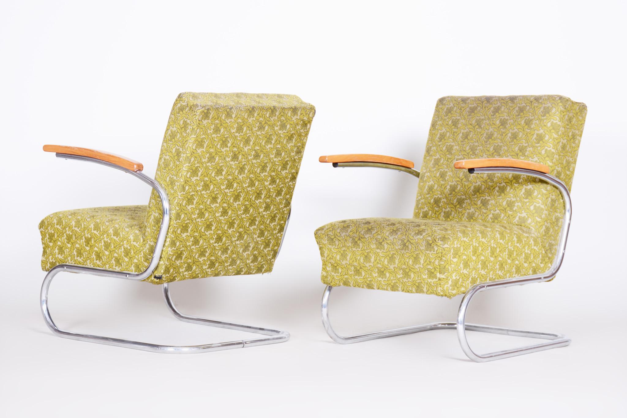 Paar Bauhaus-Sessel aus Chromrohr von Mcke Melder, Originalstoff, 1930er Jahre im Angebot 3