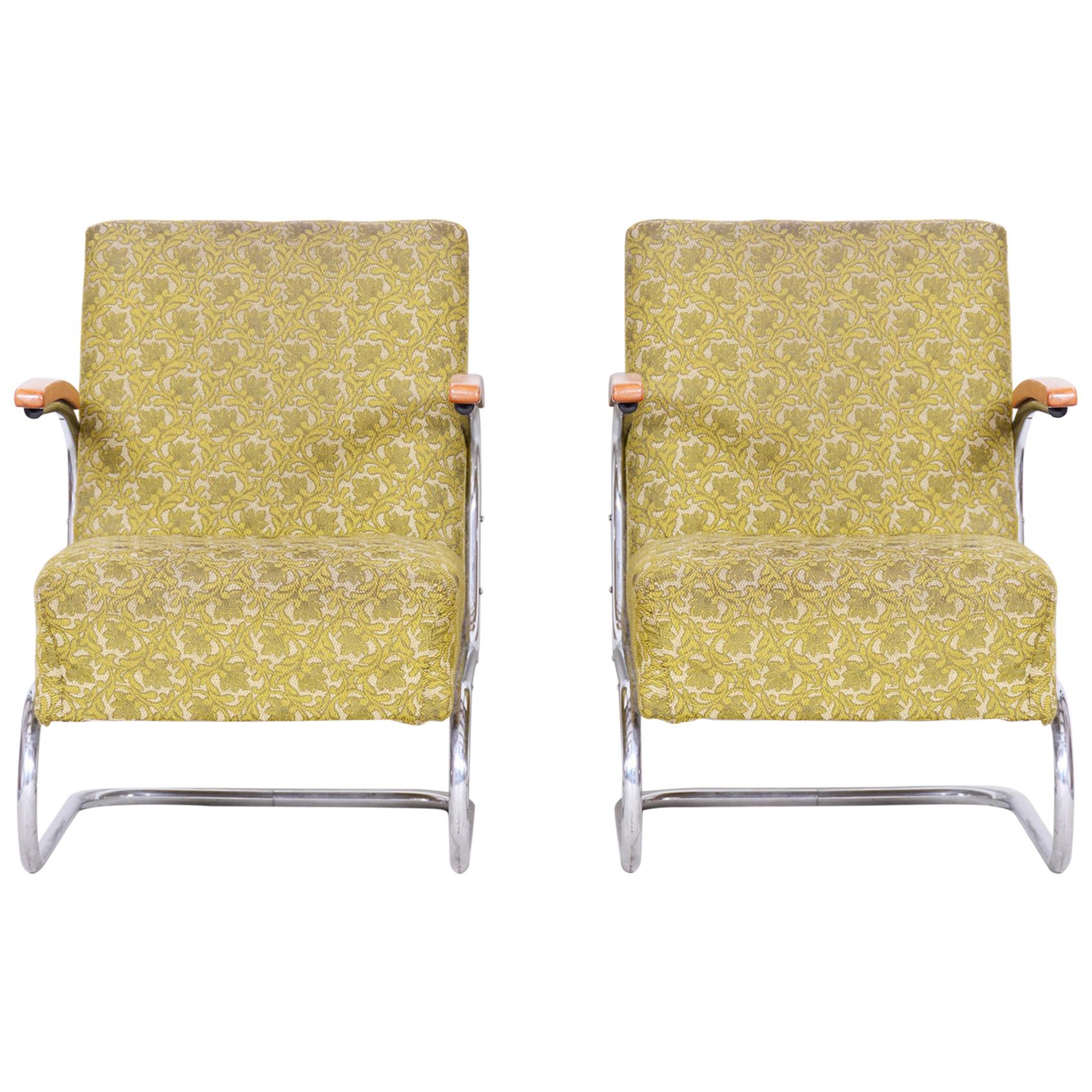 Pair of Bauhaus Tubular Chrome Armchairs by Mücke Melder, Original Fabric, 1930s