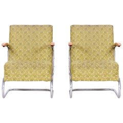 Pair of Bauhaus Tubular Chrome Armchairs by Mücke Melder, Original Fabric, 1930s