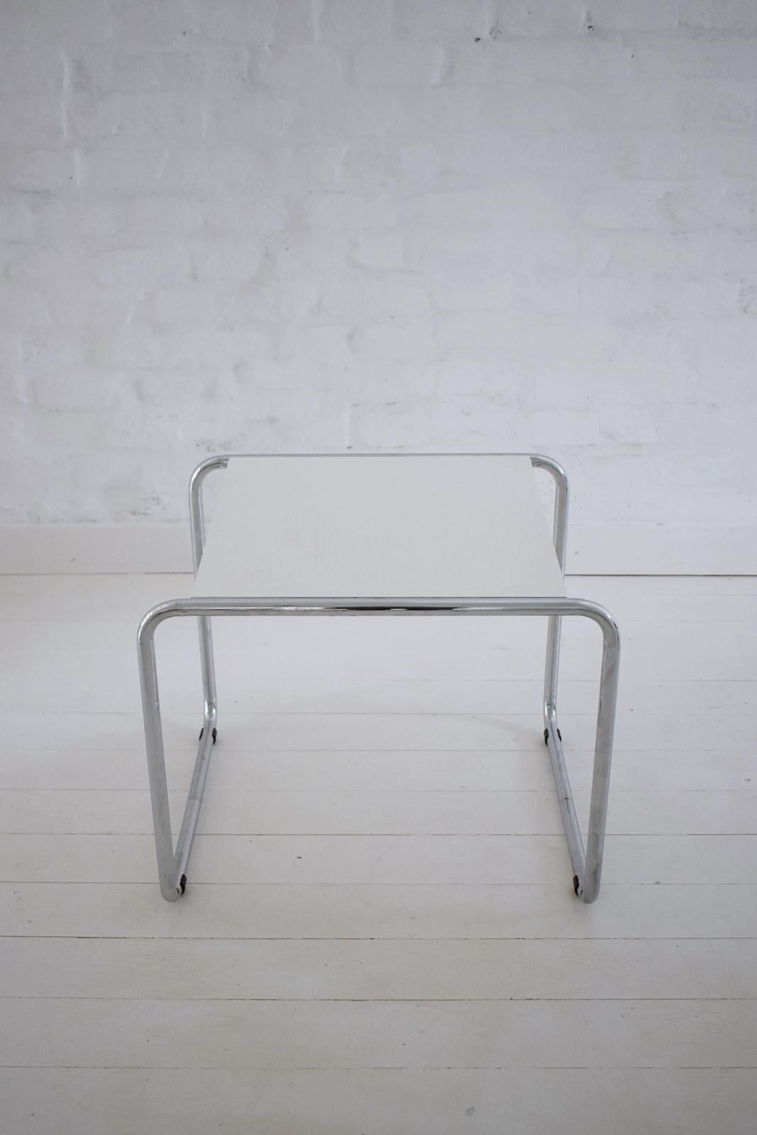 The Laccio side table was designed by Marcel Breuer in 1925 as he was a designer at the Bauhaus.
Like his Wassily and Cesca chairs, the Laccio tables are critical to the story of 20th century design. Breuer’s use of tubular steel has inspired