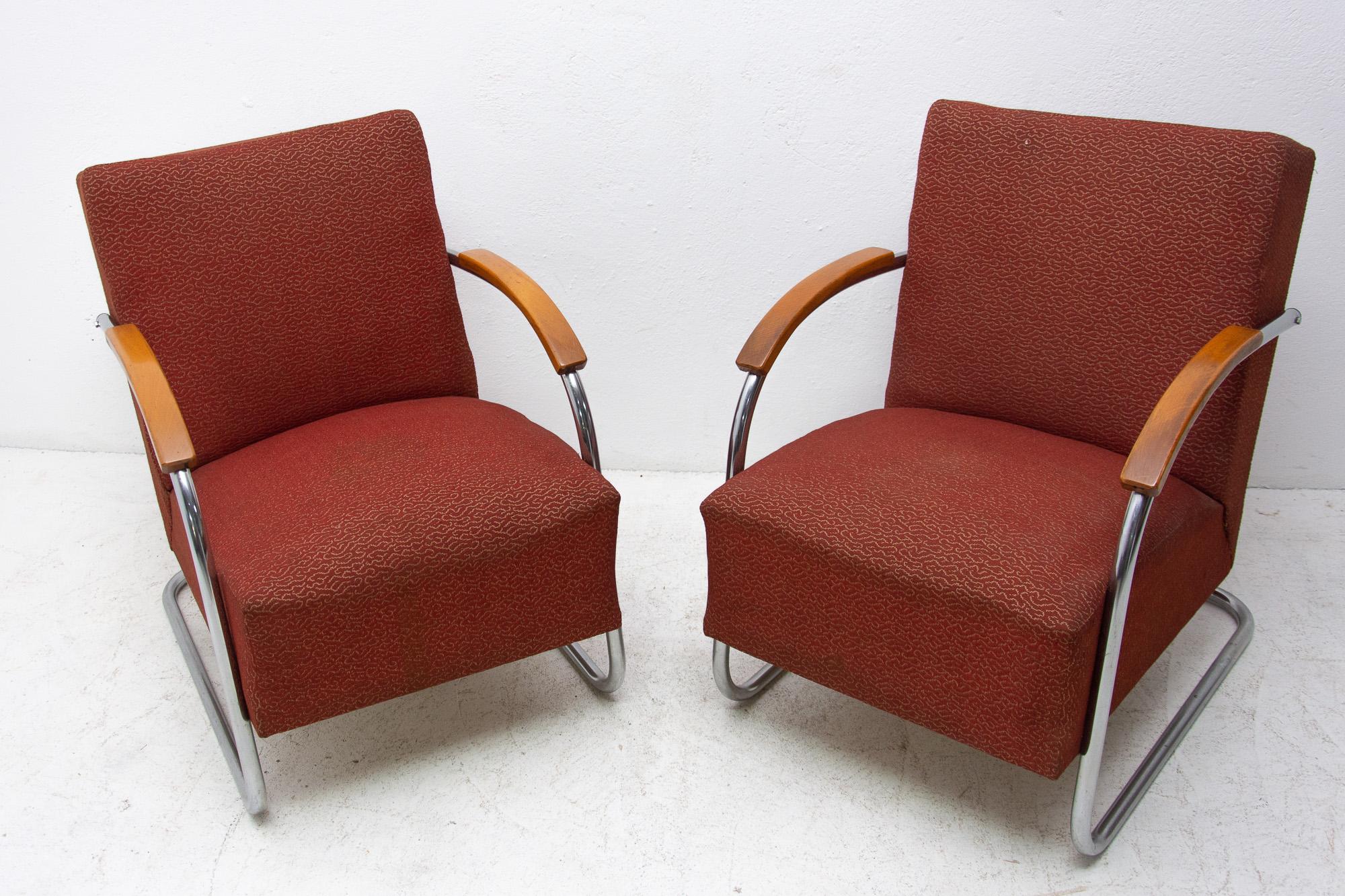 Art Deco Pair of Bauhaus Tubular Steel Armchairs by Mücke & Melder, 1950s
