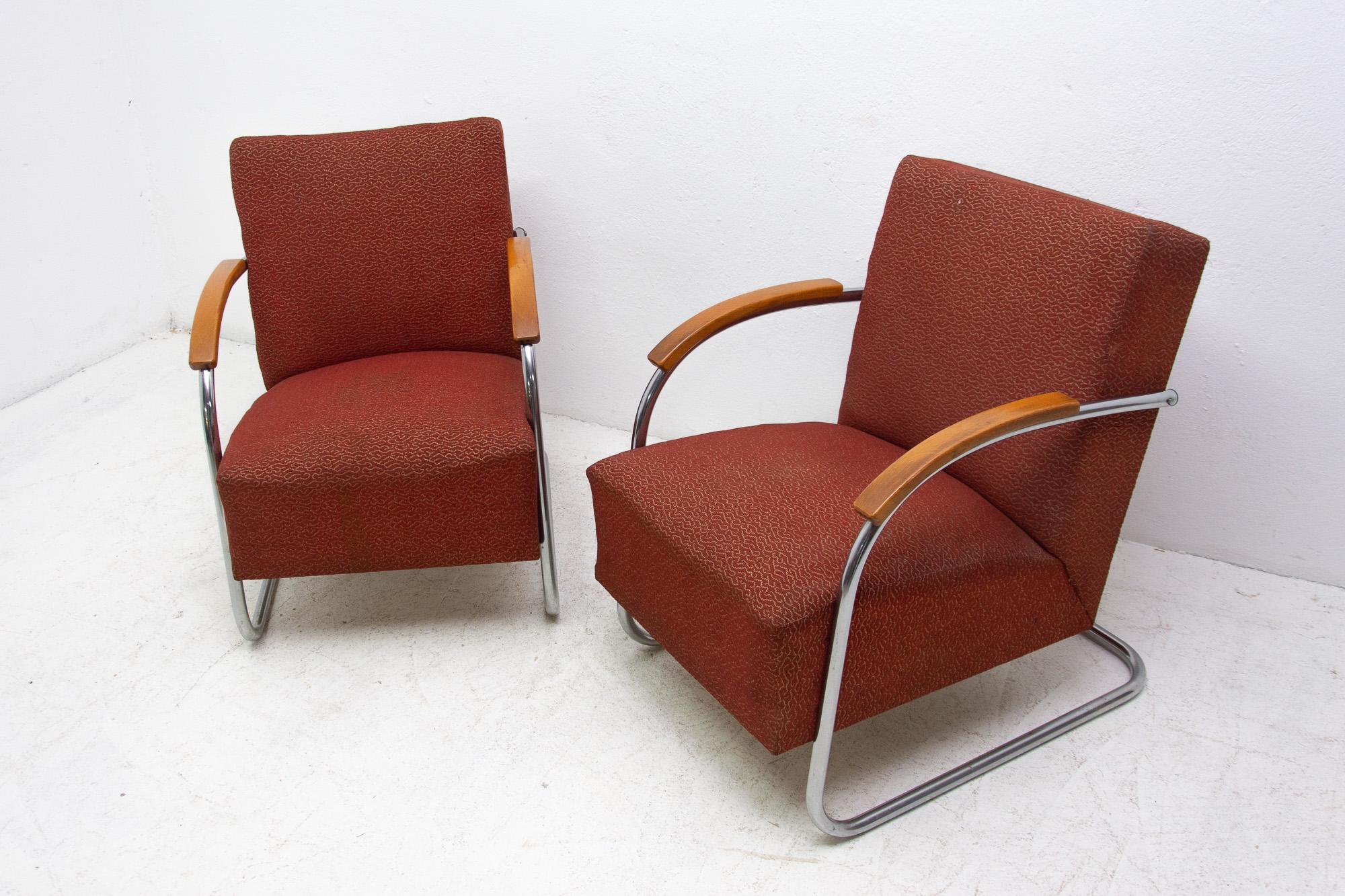 Czech Pair of Bauhaus Tubular Steel Armchairs by Mücke & Melder, 1950s
