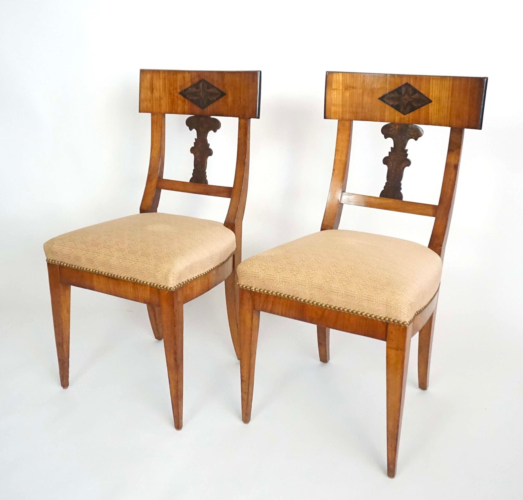 Upholstery Bavarian Biedermeier Walnut & Penwork Pair of Side Chairs, circa 1820 For Sale