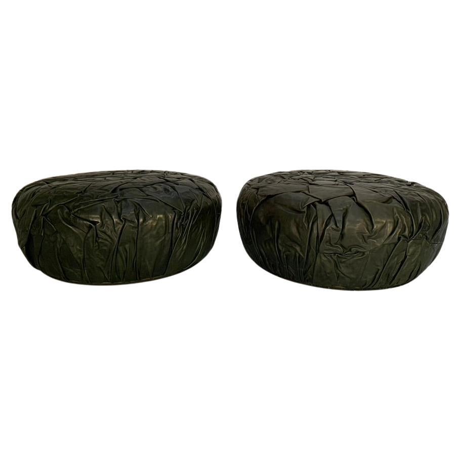 Pair of Baxter "Brain" Large Ottoman Footstool Pouf  - In Dark-Grey Leather