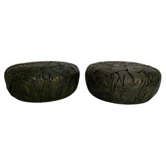 Pair of Baxter "Brain" Large Ottoman Footstool Pouf  - In Dark-Grey Leather