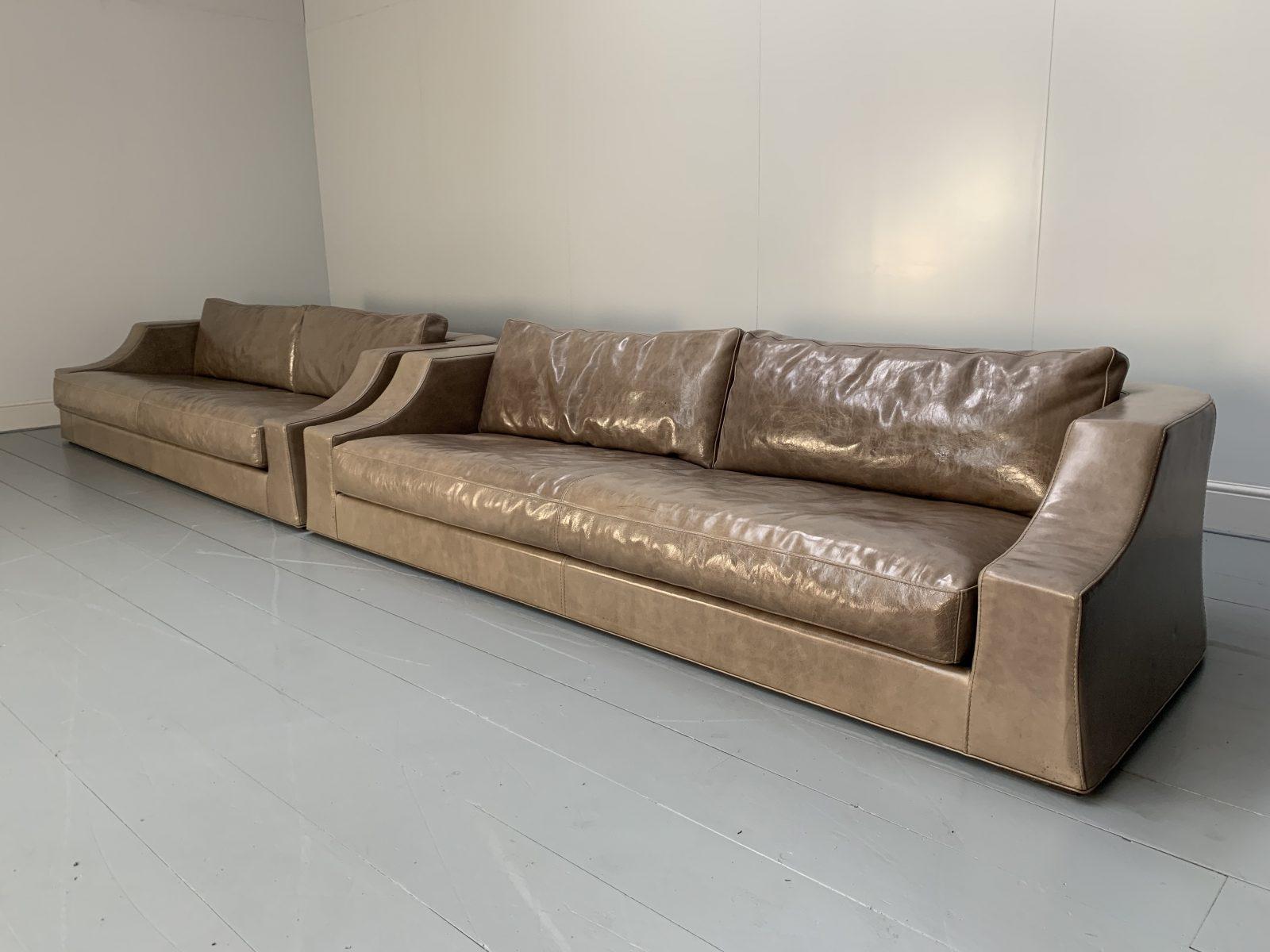 This is a spectacular, rare identical pair of 4-seat sofas from the world renown Italian furniture house of Baxter, dressed in a sublime cream “Tuscany Cetona” leather.

In a world of temporary pleasures, Baxter create beautiful furniture that
