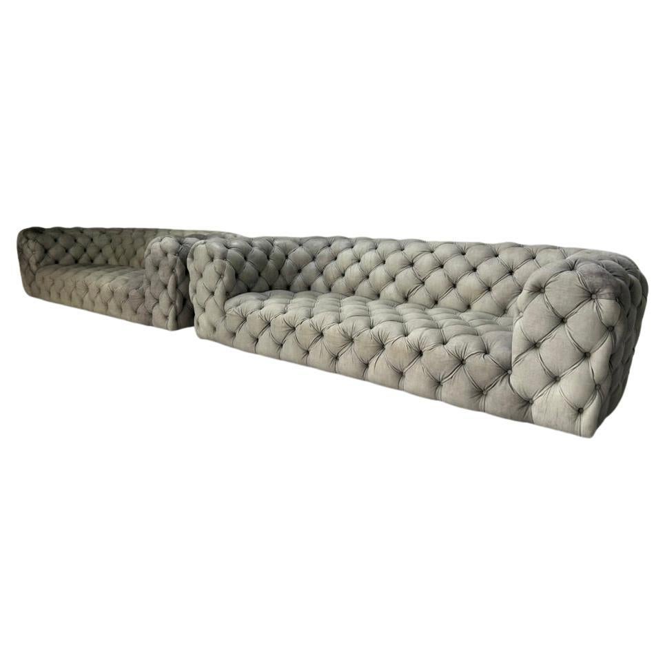 Pair of Baxter of Italy "Chester Moon" 3-Seat Sofas in Siberia Grey Blue Leather For Sale