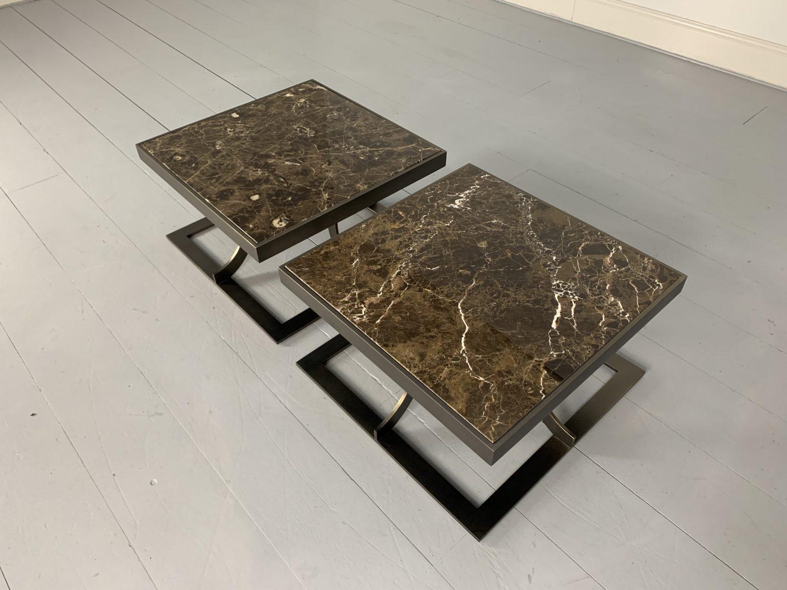 Pair of Baxter of Italy “Paul” Sofa Side Coffee Tables in “Emperador” Marble In Good Condition For Sale In Barrowford, GB