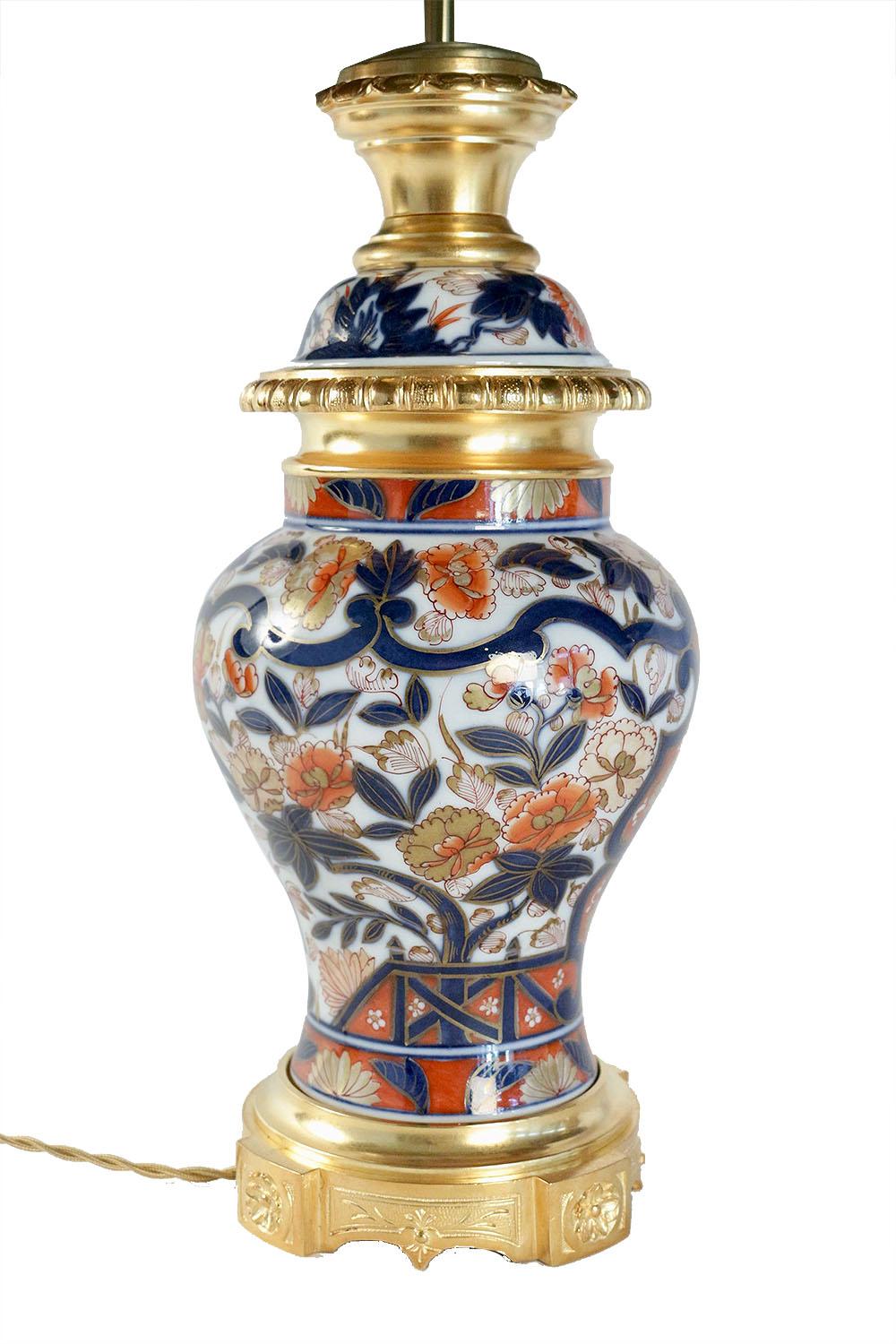 French Pair of Bayeux Porcelain Lamps, Imari Decor, 19th Century