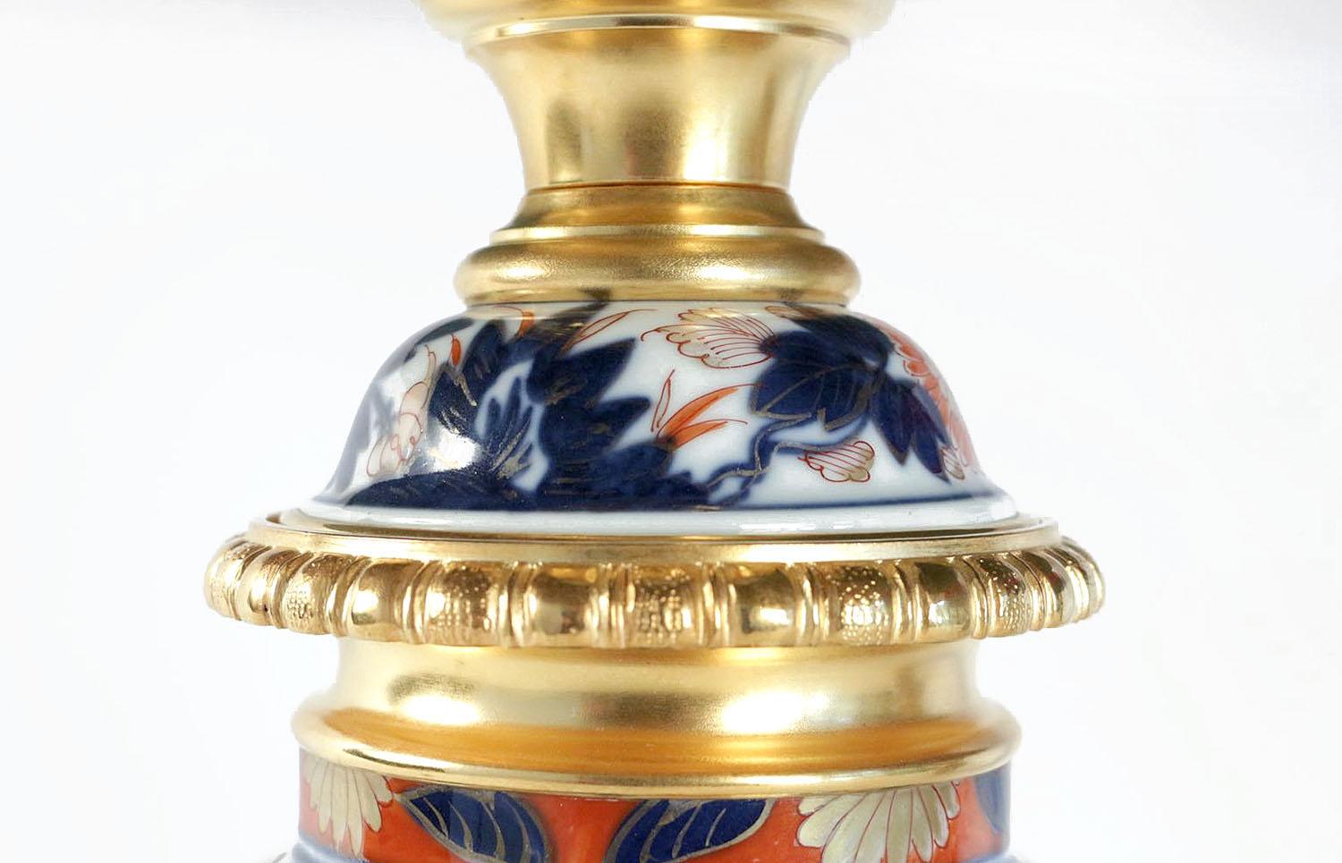 Gilt Pair of Bayeux Porcelain Lamps, Imari Decor, 19th Century