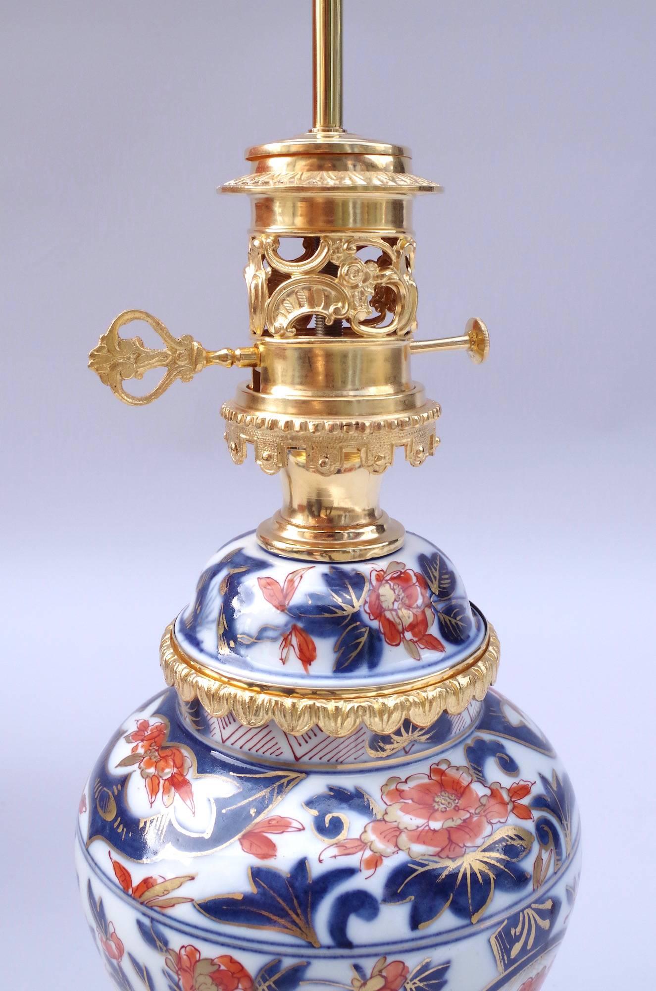 French Pair of Bayeux Porcelain Lamps, Vase Shaped, Floral Imari Decor, circa 1880