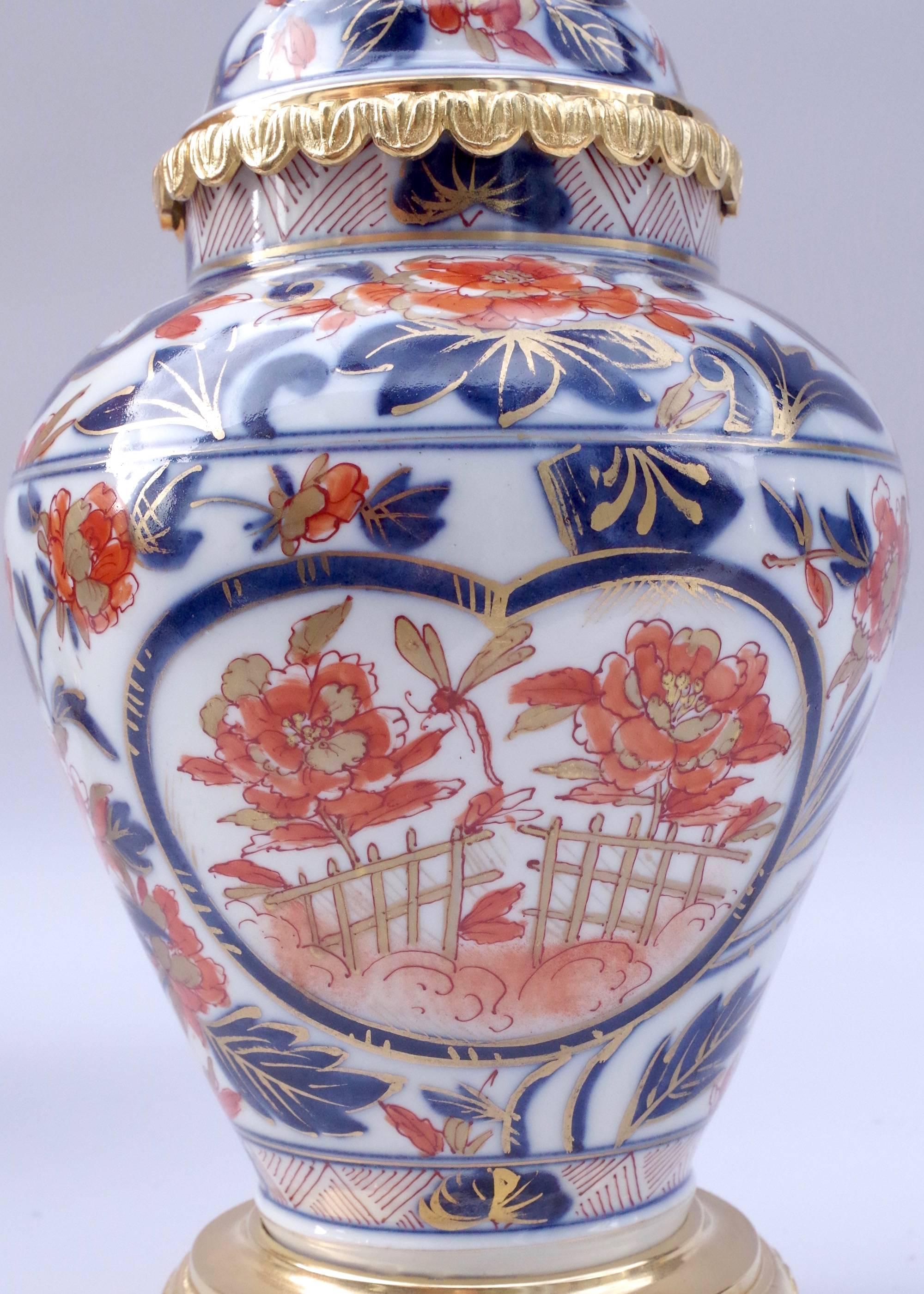 Pair of Bayeux Porcelain Lamps, Vase Shaped, Floral Imari Decor, circa 1880 In Good Condition In Saint-Ouen, FR