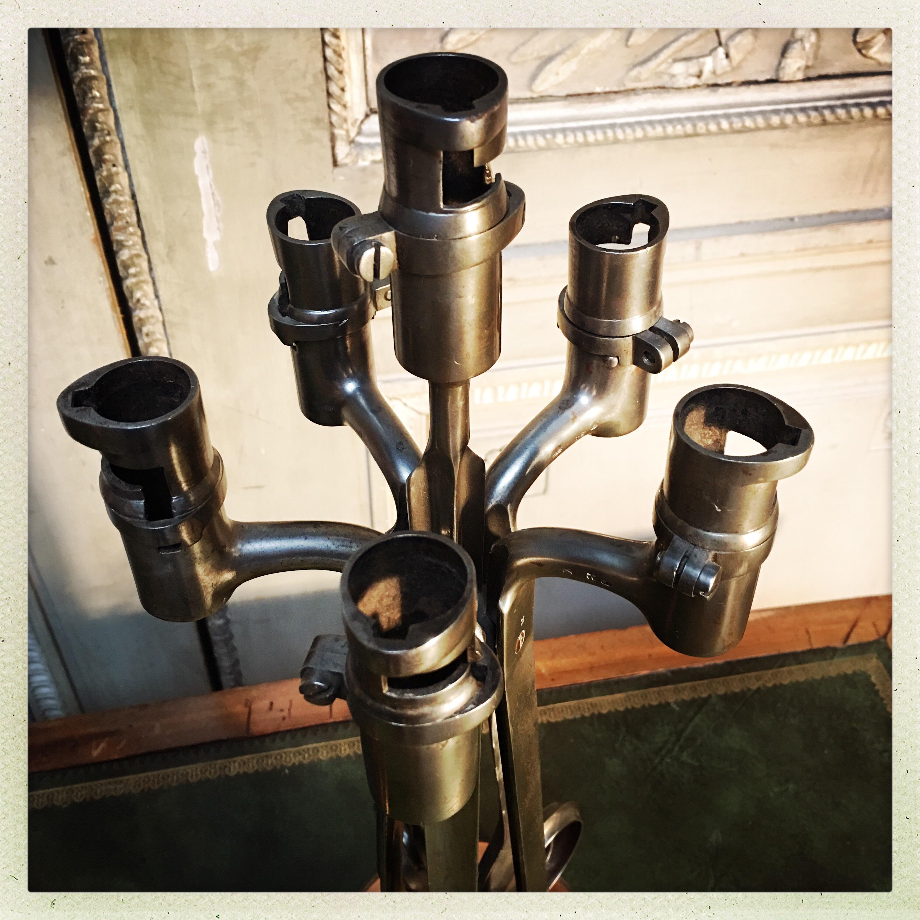 Pair of Bayonet Polished Steel and Copper Candelabra For Sale 2