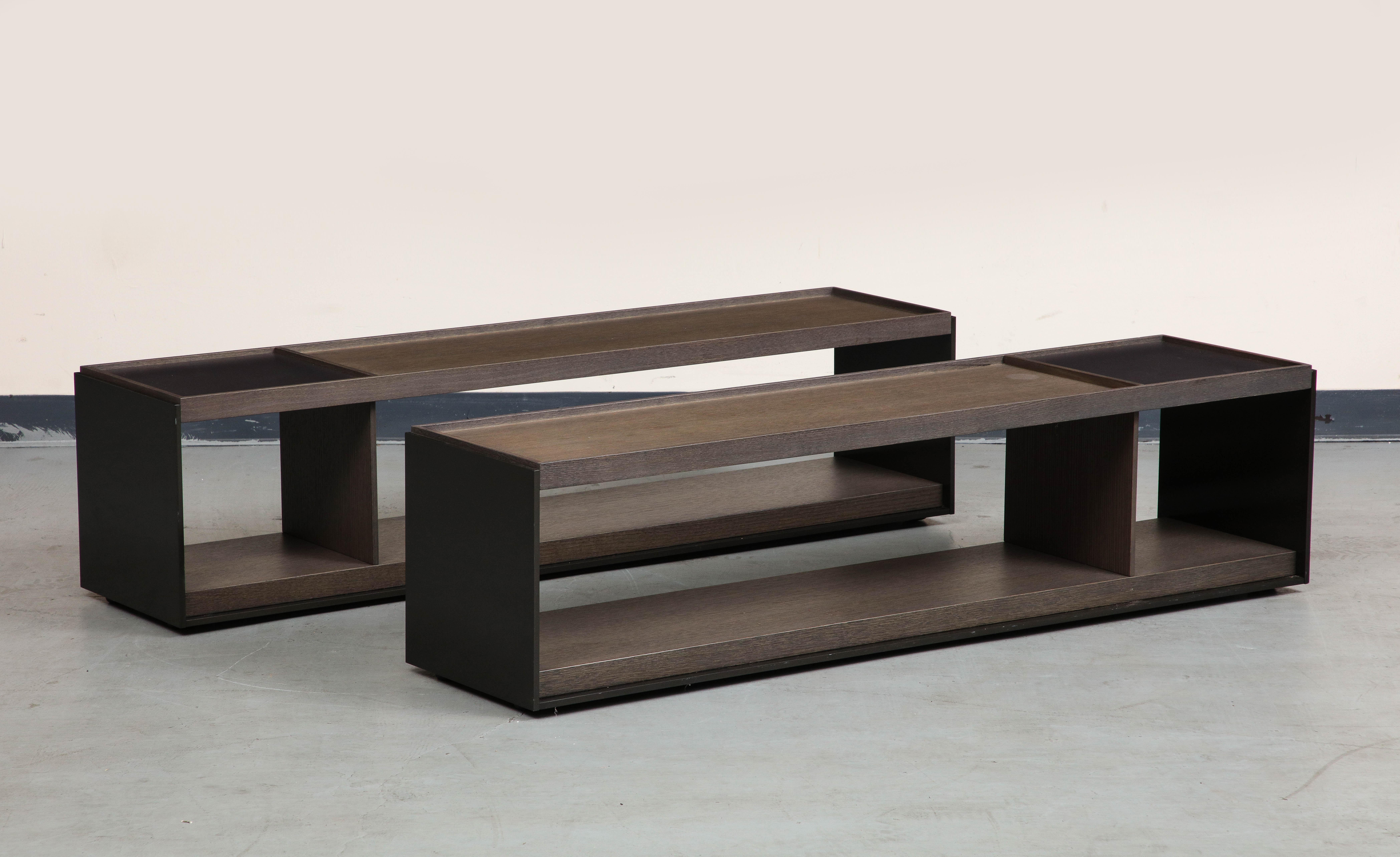 Modern Pair of B&B Italia Brushed Black Oak and Bronzed Steel 'Surface' Coffee Tables 