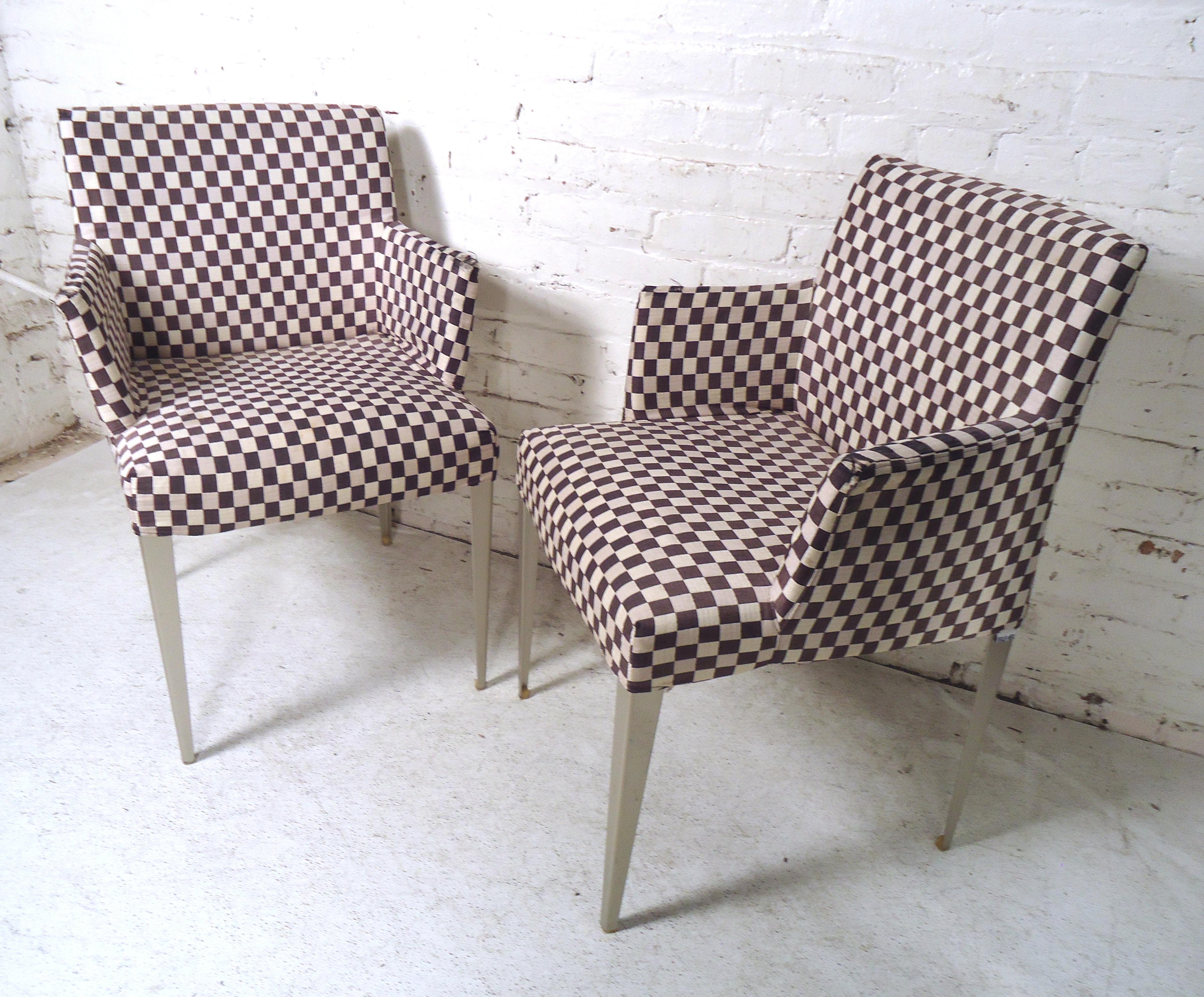 Unusual Italian pair of chairs by B&B Italia featured in checkered fabric.
(Please confirm item location- NY or NJ- with dealer).