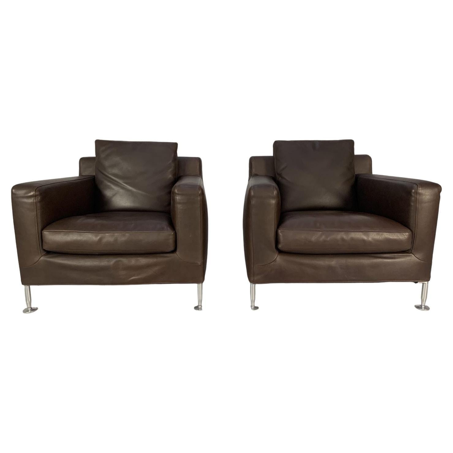 Pair of B&B Italia “Harry H85” Armchairs in Brown “Gamma” Leather For Sale