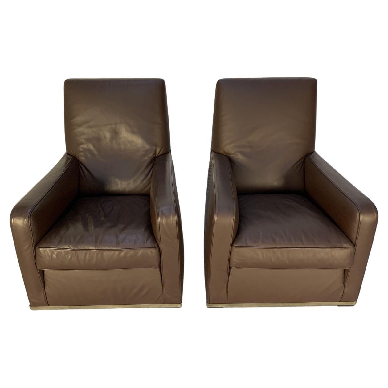 Paire de fauteuils Imprimatur Apta de B&B Italia - en cuir Gamma brun foncé