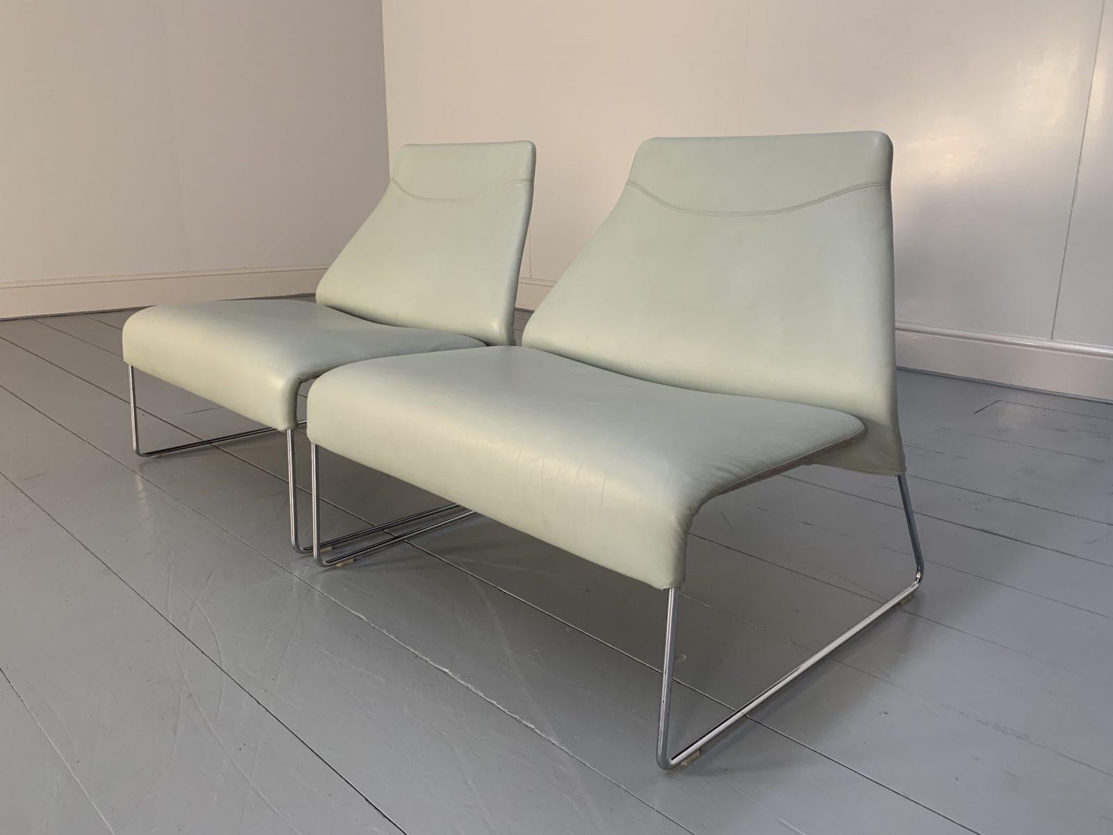 This is a superb, identical pair of B&B Italia “Lazy ’05” Armchairs dressed in a beautiful, peerless, top-grade “Gamma” leather in a pale-grey/blue.

In a world of temporary pleasures, B&B Italia create beautiful furniture that remains a joy