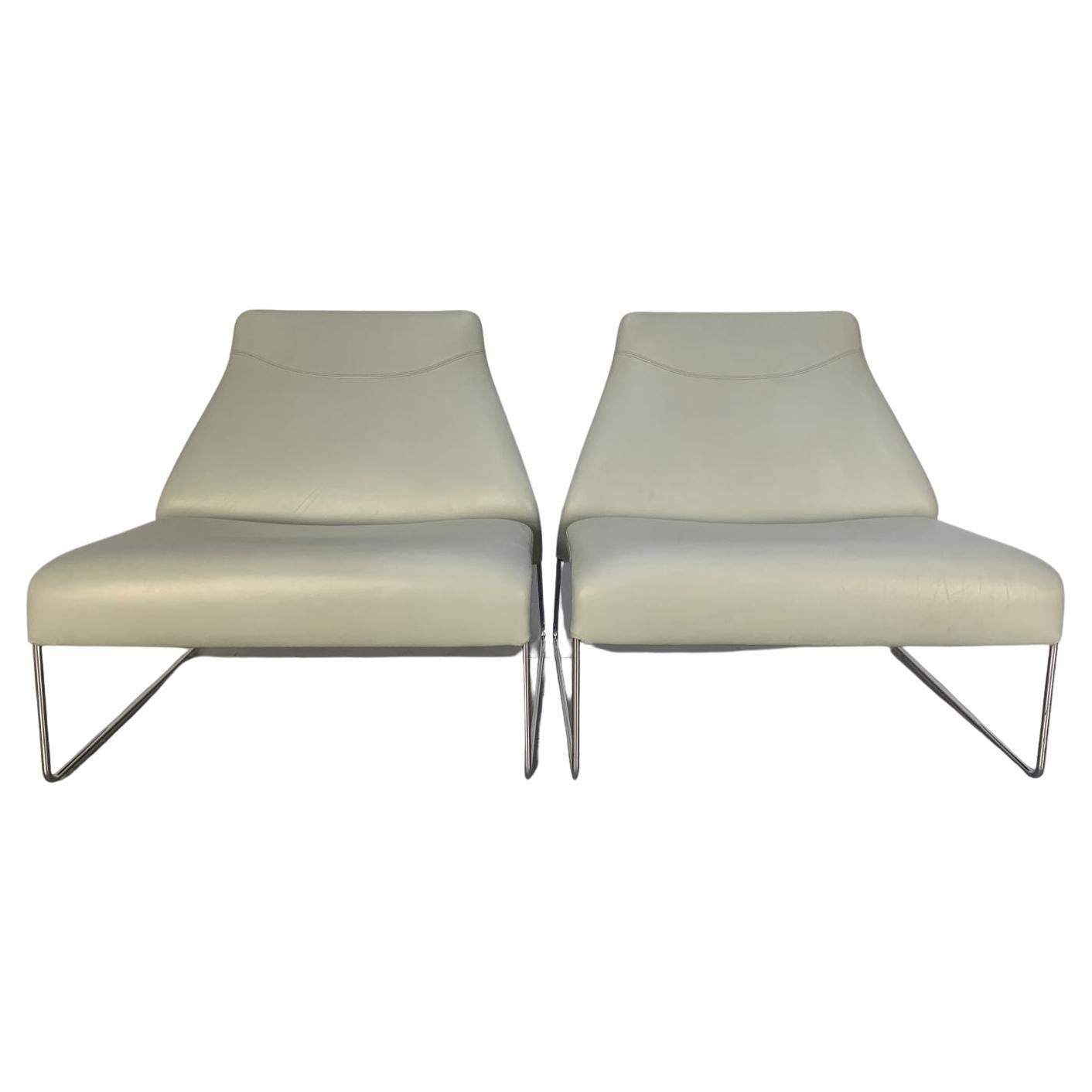 Pair of B&B Italia “Lazy “05” Armchairs in Pale Grey Blue “Gamma” Leather