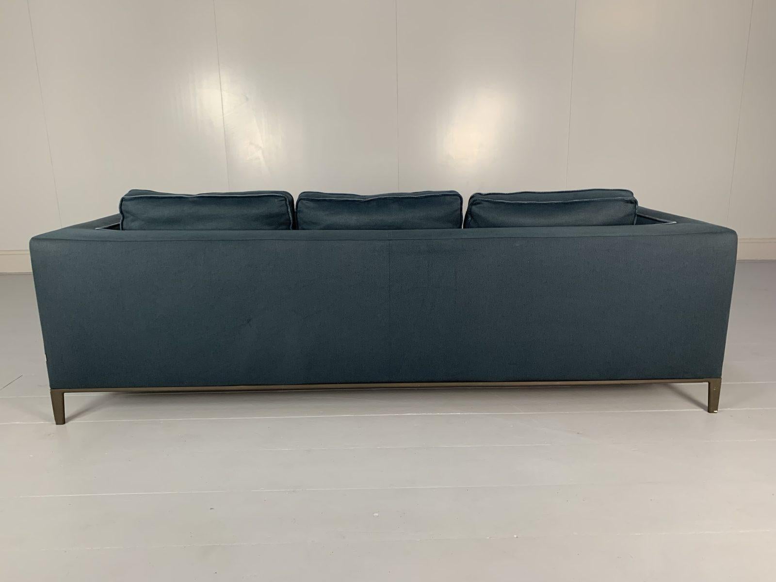 Contemporary Pair of B&B Italia “Lucrezia” Sofas, 3-Seat, in Blue Linen and Velvet