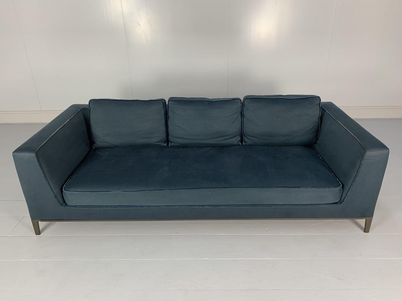 Pair of B&B Italia “Lucrezia” Sofas, 3-Seat, in Blue Linen and Velvet 2