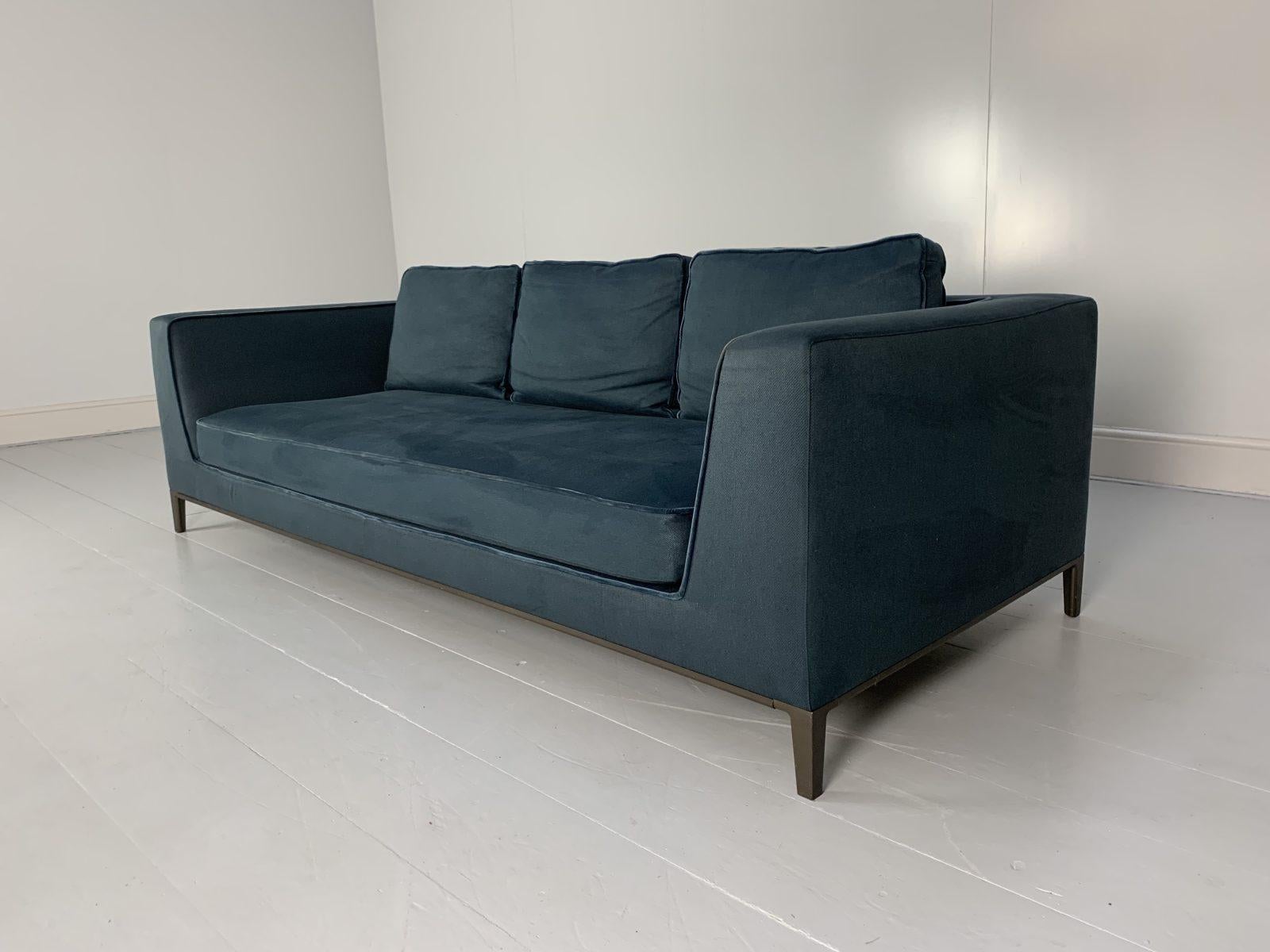 Pair of B&B Italia “Lucrezia” Sofas, 3-Seat, in Blue Linen and Velvet 3