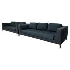 Pair of B&B Italia “Lucrezia” Sofas, 3-Seat, in Blue Linen and Velvet