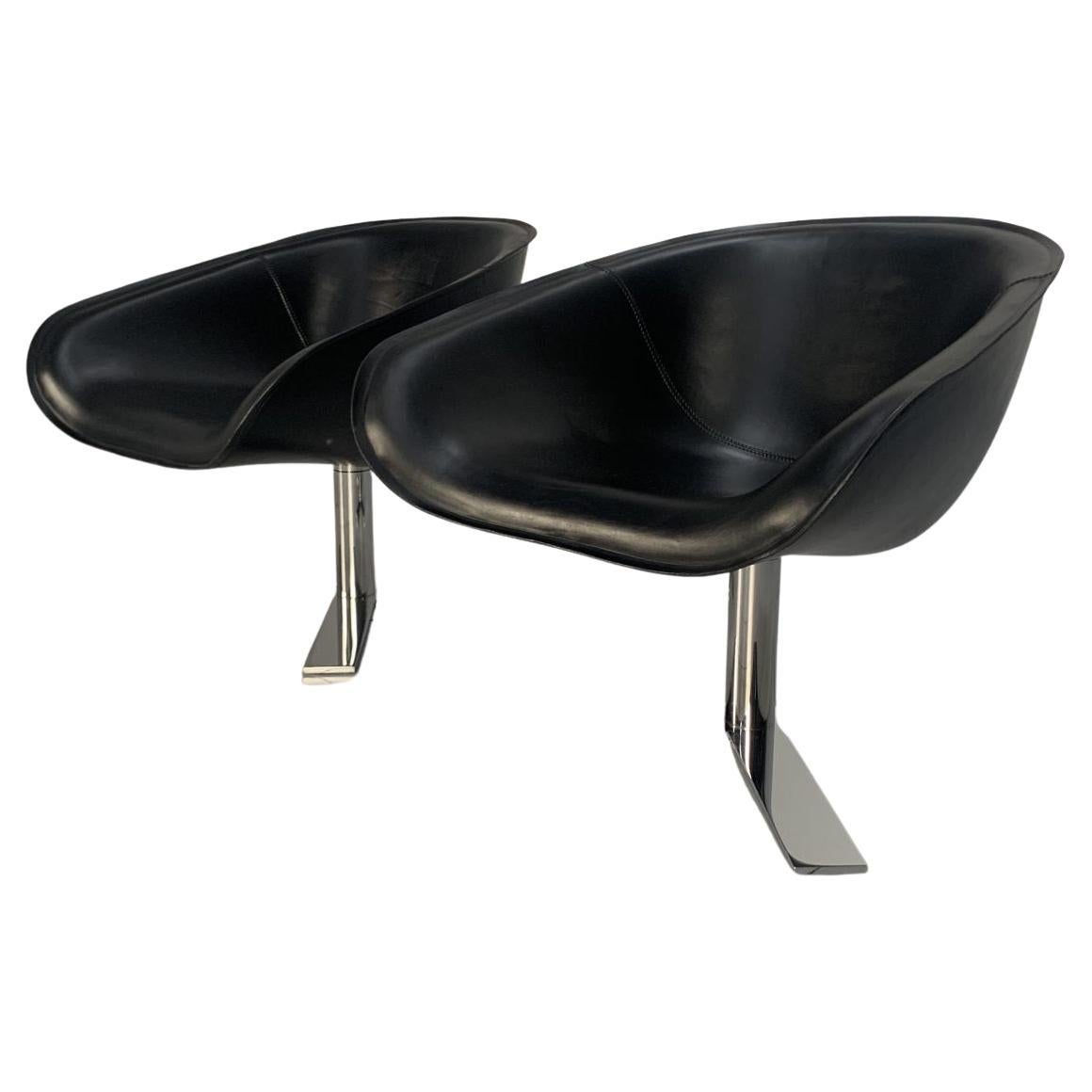 Pair of B&B Italia “Mart” Swivel Armchairs in Black “Pelle” Leather and Metal For Sale