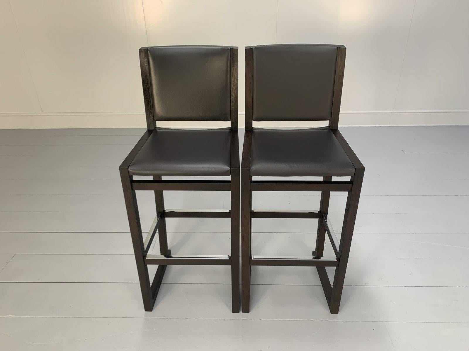 Pair of B&B Italia “Musa SM46G” Tall Bar Stool Chairs – In Dark Grey “Kasia” Lea In Good Condition For Sale In Barrowford, GB